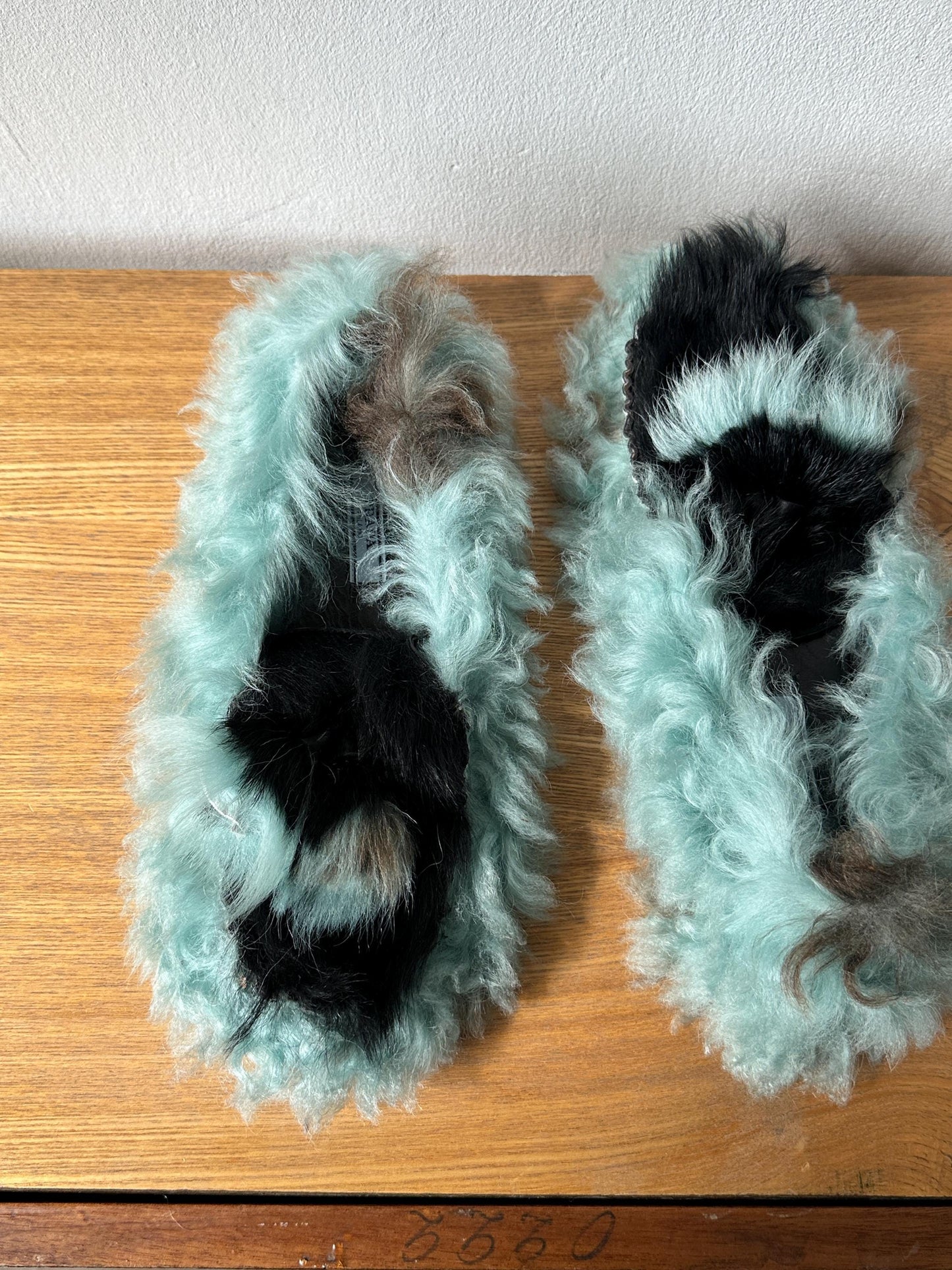 Vintage Prada Milano Shearling Fur Slipper | Mint Green & Black Furry Slides | US 6
