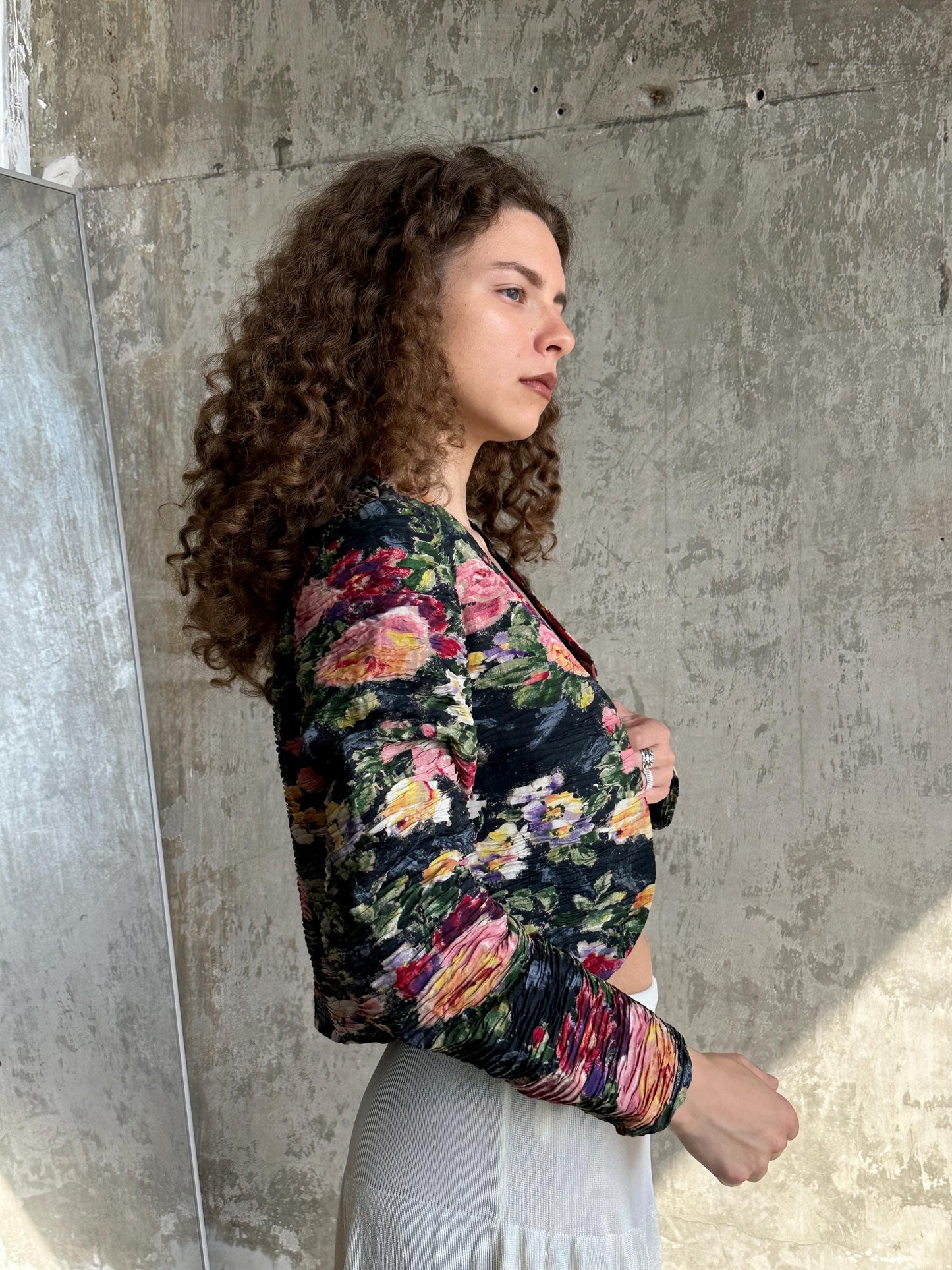 Vintage Max Mara Floral Pleated Bolero Jacket in Green and Pink