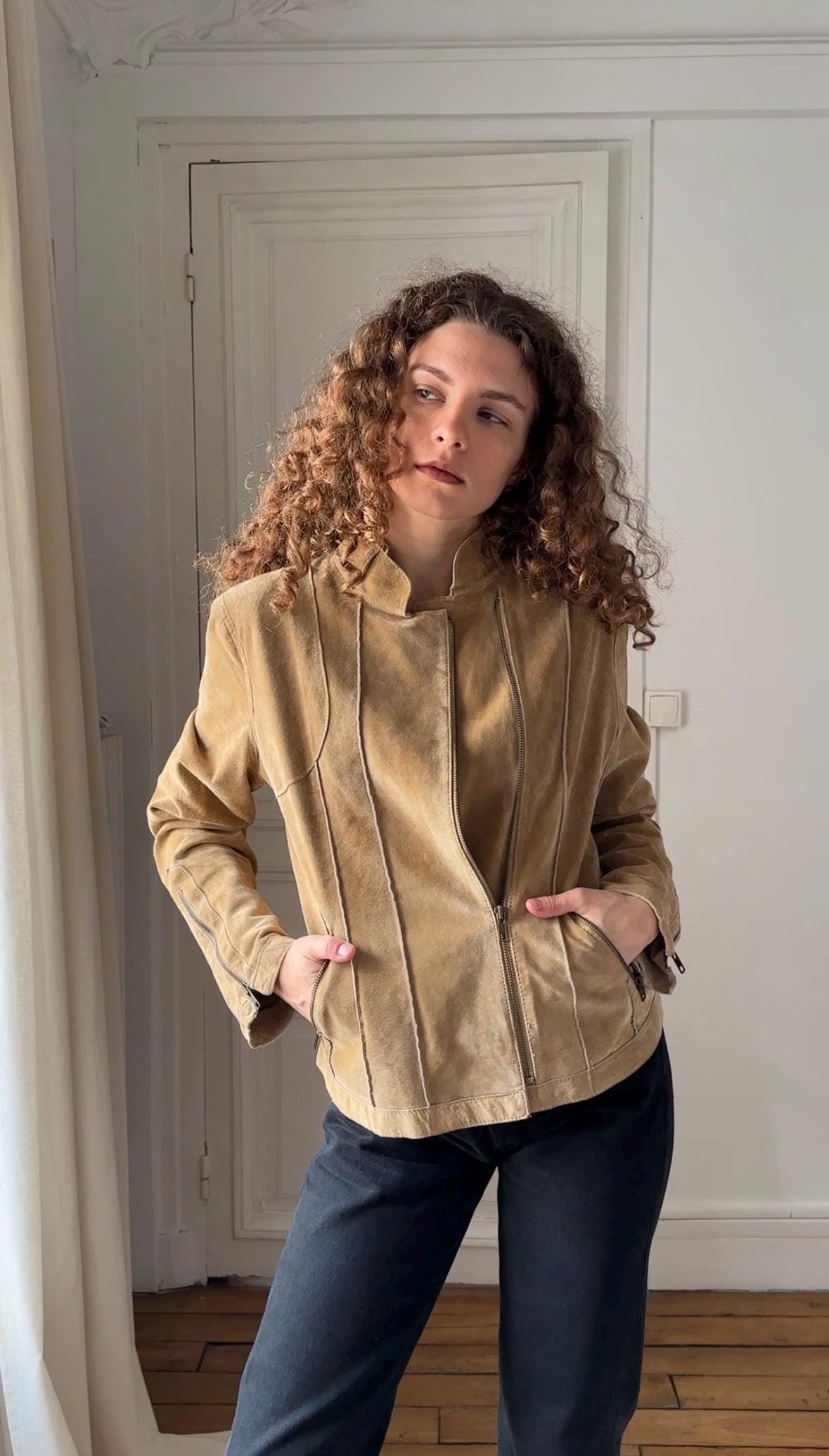 Vintage 90s Beige Suede Leather Motorcycle Jacket