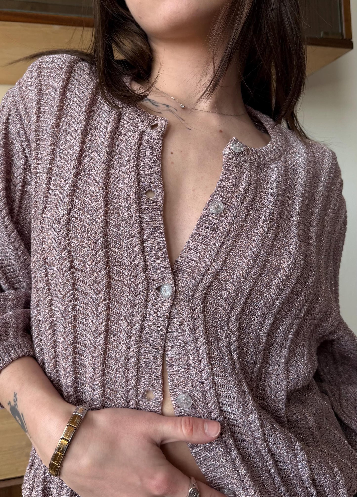 Vintage 90s Knit Cardigan, Soft Girl Minimalist Coquette Top in Mauve