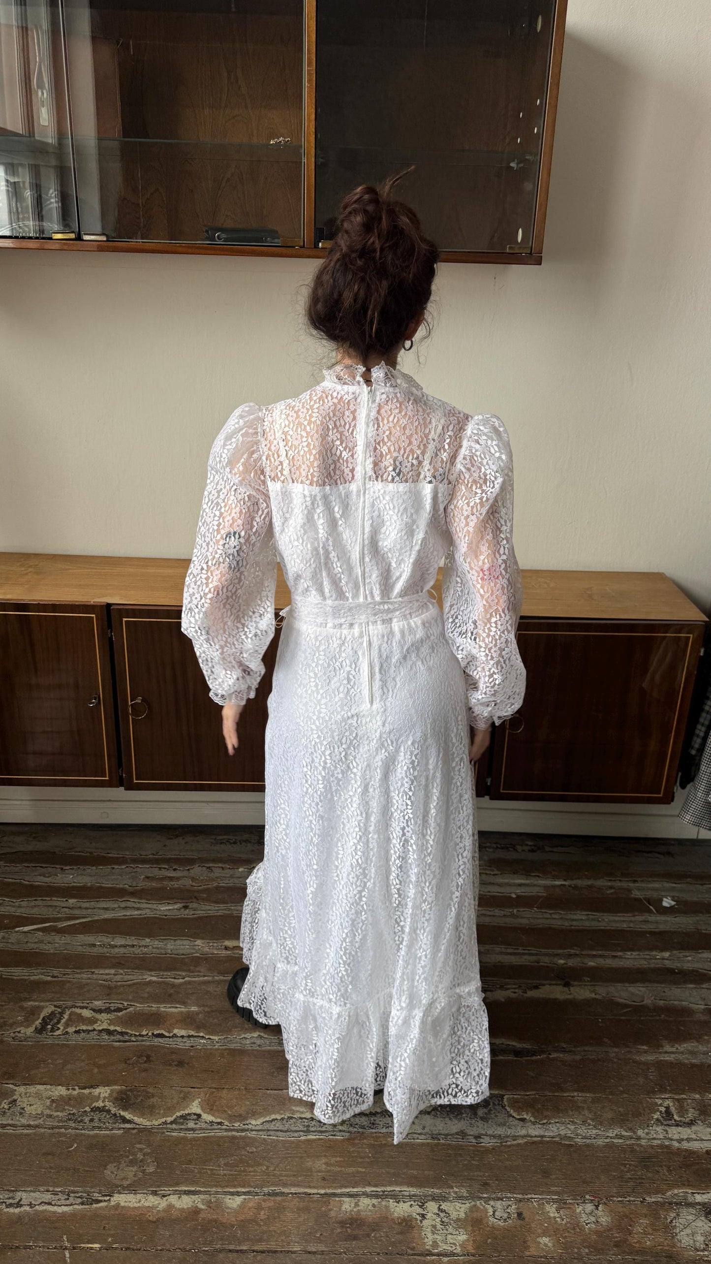 Vintage 70s silk bridal lace dress in white
