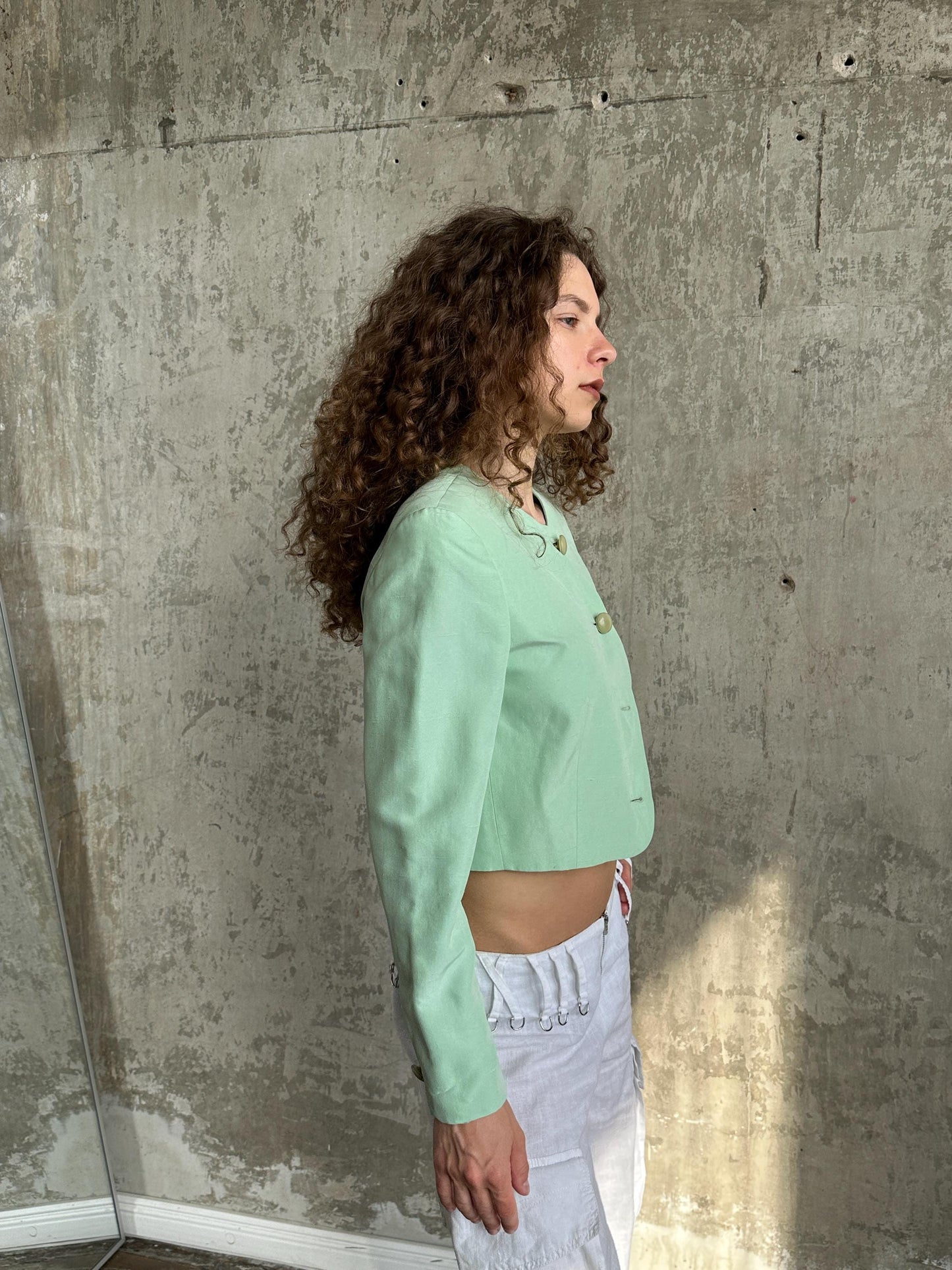 Vintage Cropped Blazer in Mint Green | Collarless Silk Jacket