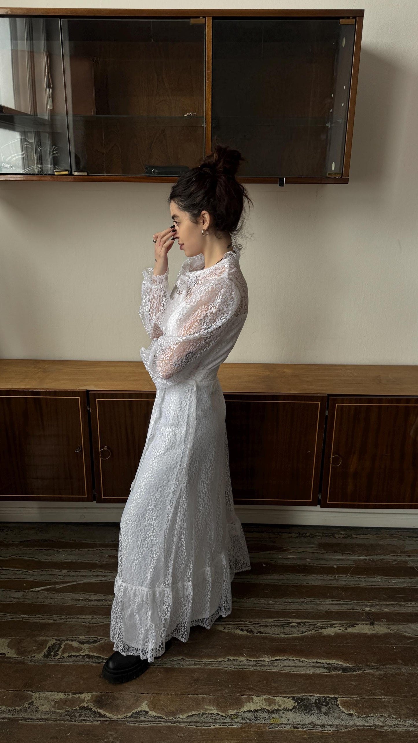Vintage 70s silk bridal lace dress in white