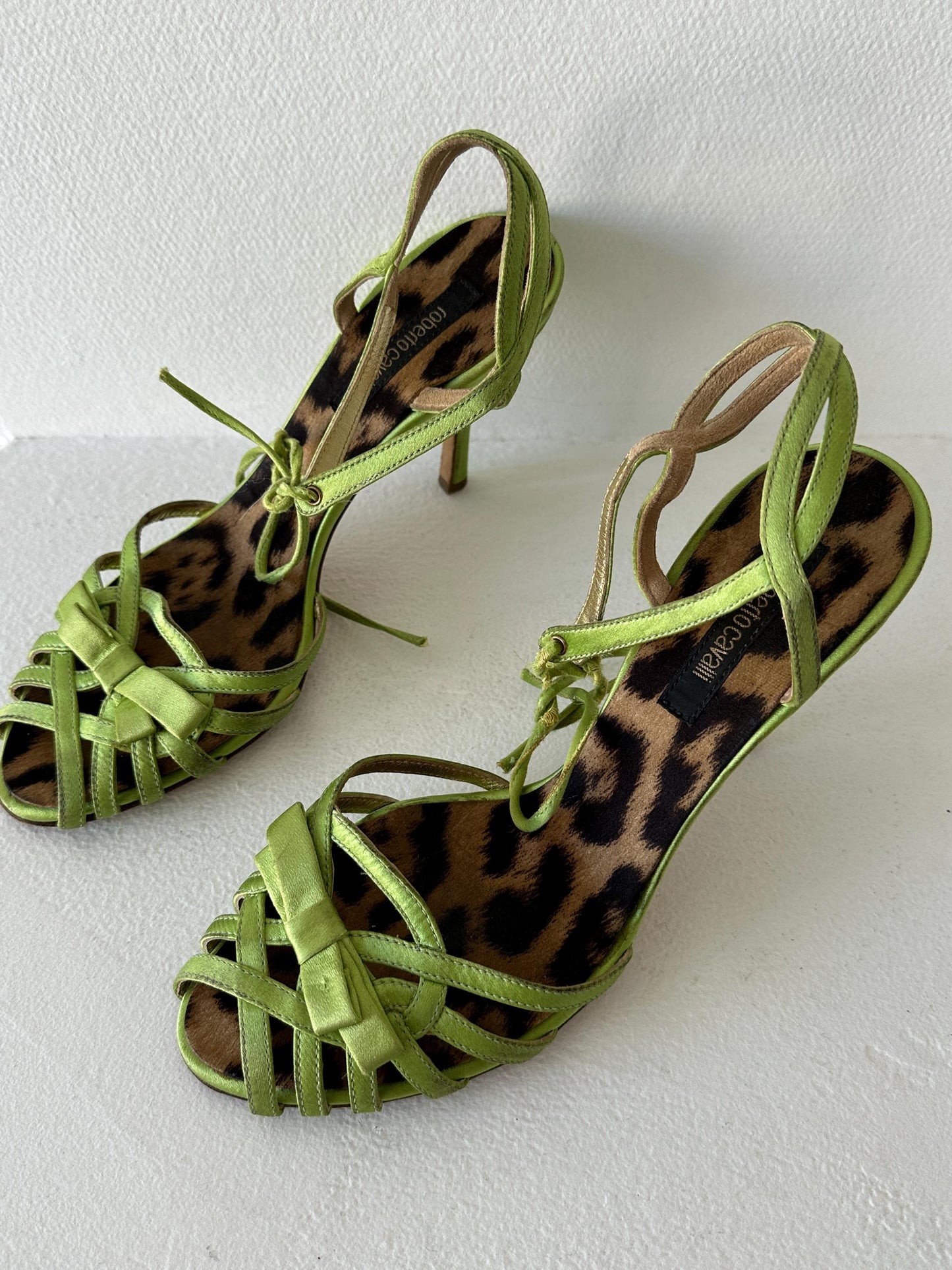Roberto Cavalli Lime Green Metallic Satin Strappy Heels I EU 38