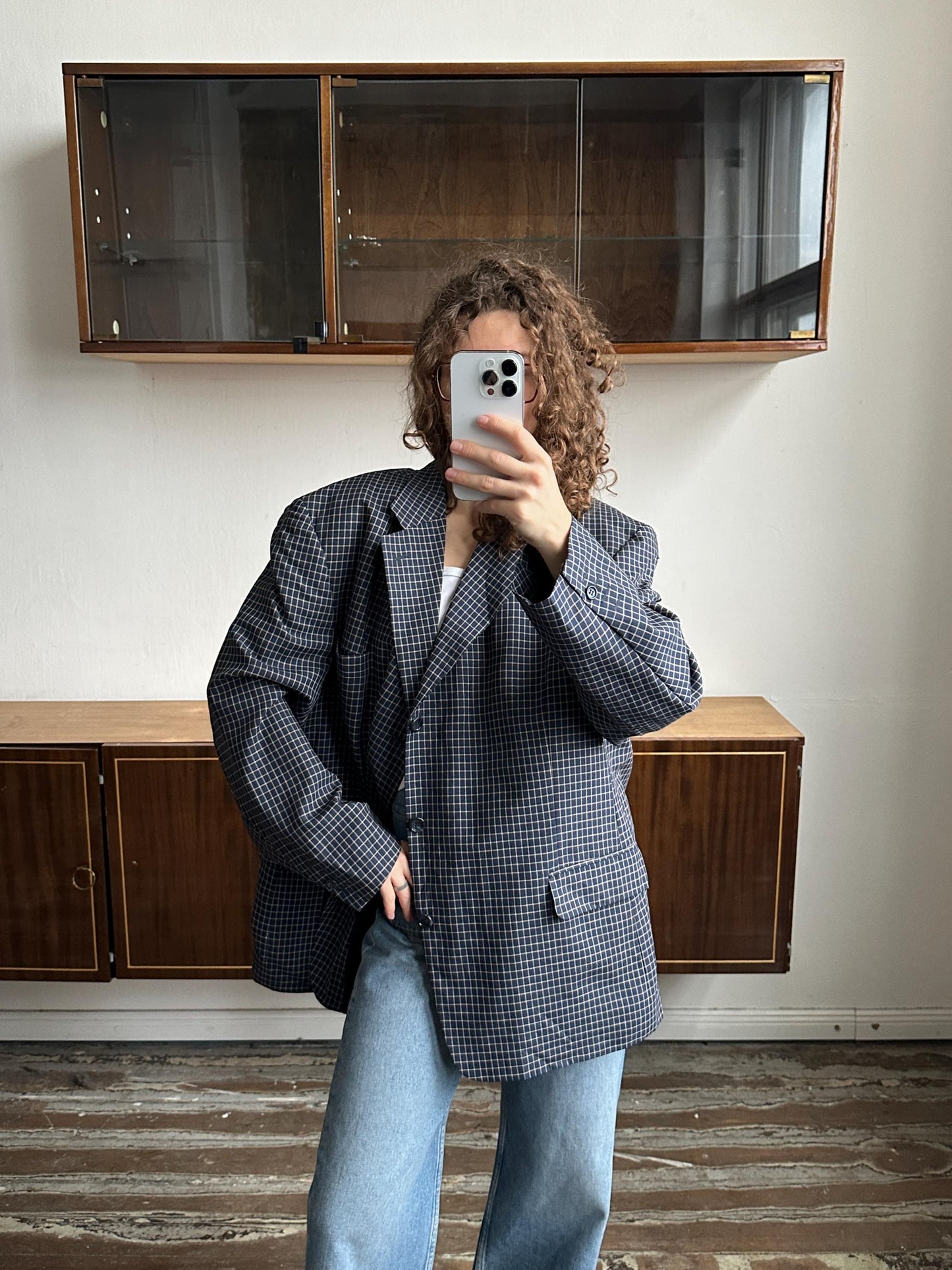 Vintage 90s oversized blazer in blue with a white checkered pattern