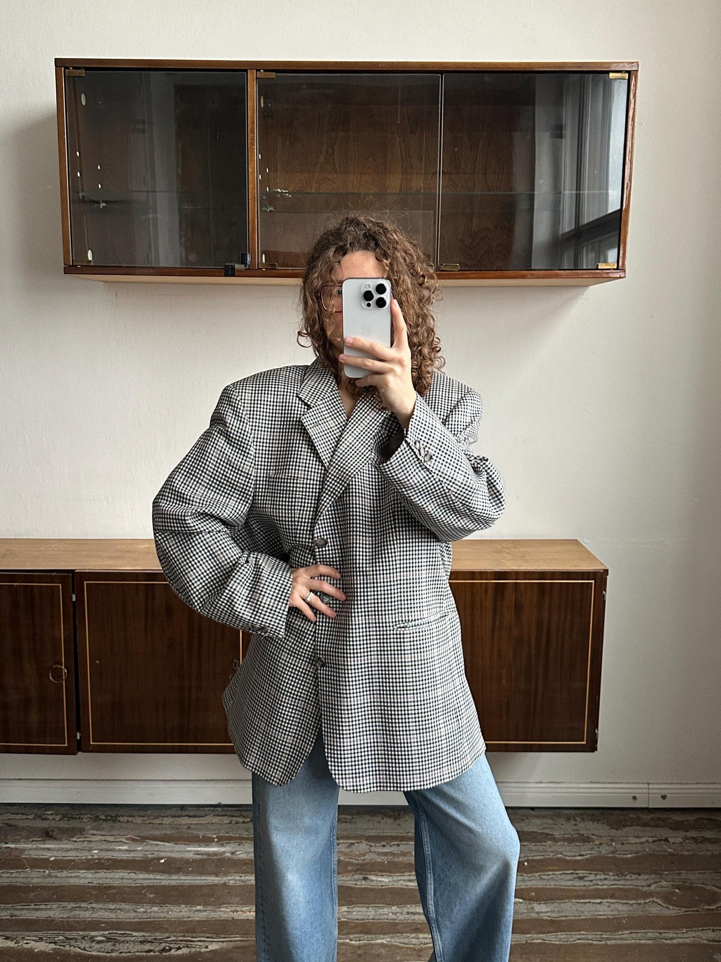 Vintage boyfriend check blazer in black and white, wool blazer