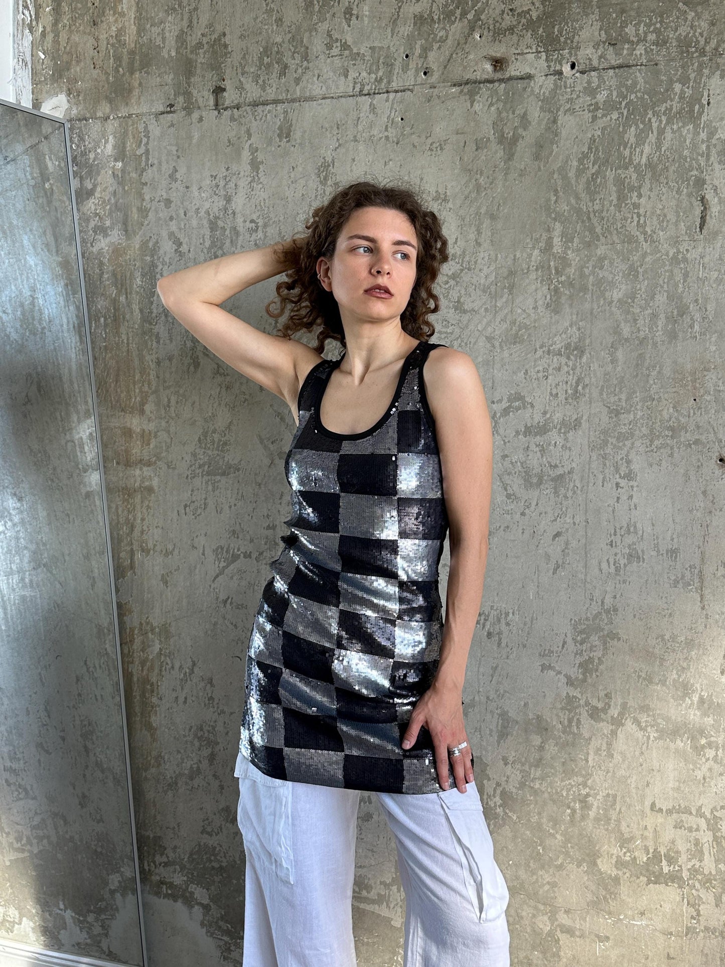 Vintage Silver Black Checkerboard Sequin Mini Dress