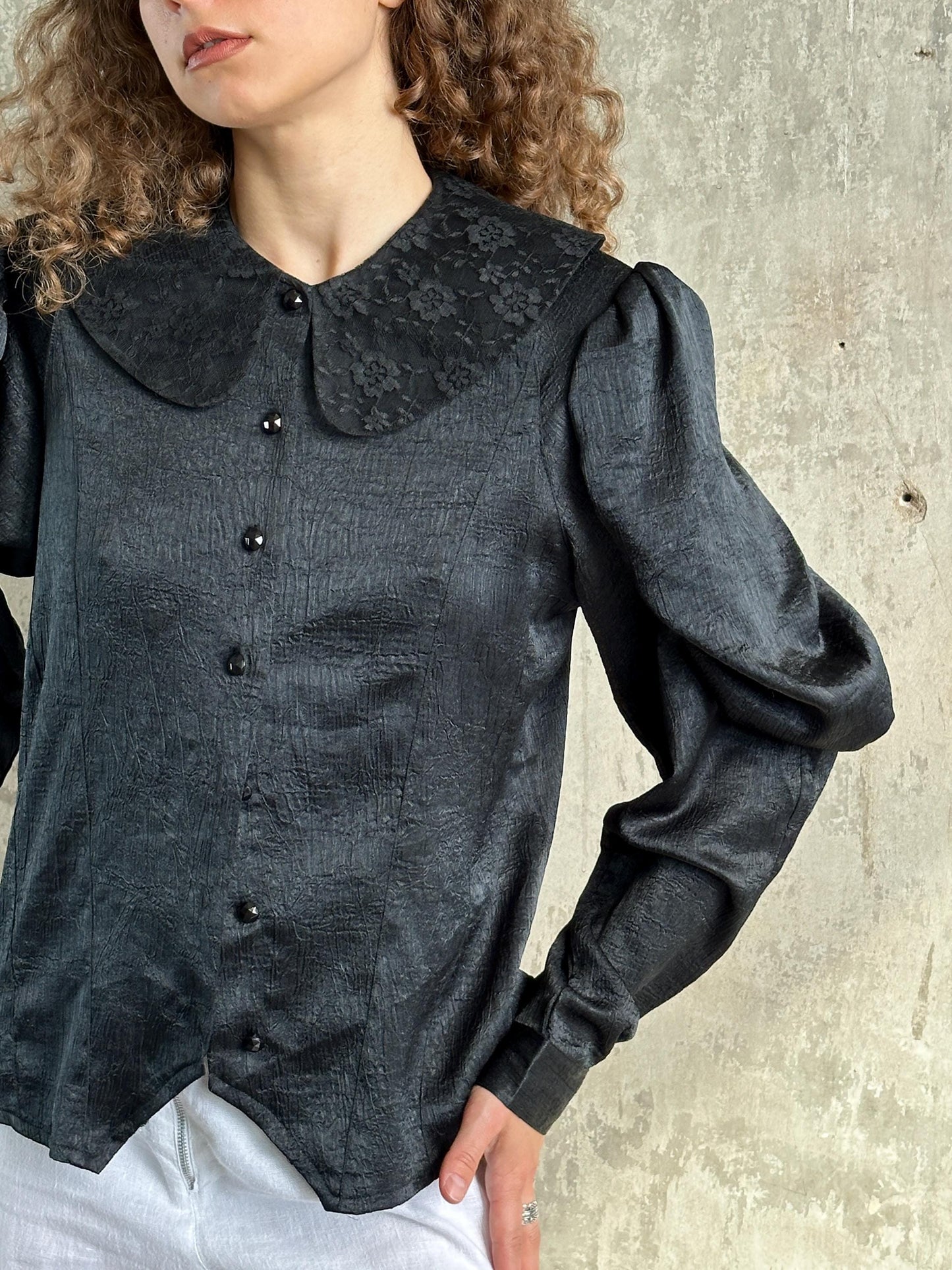 Vintage Black Puff Sleeve Romantic Draped Blouse