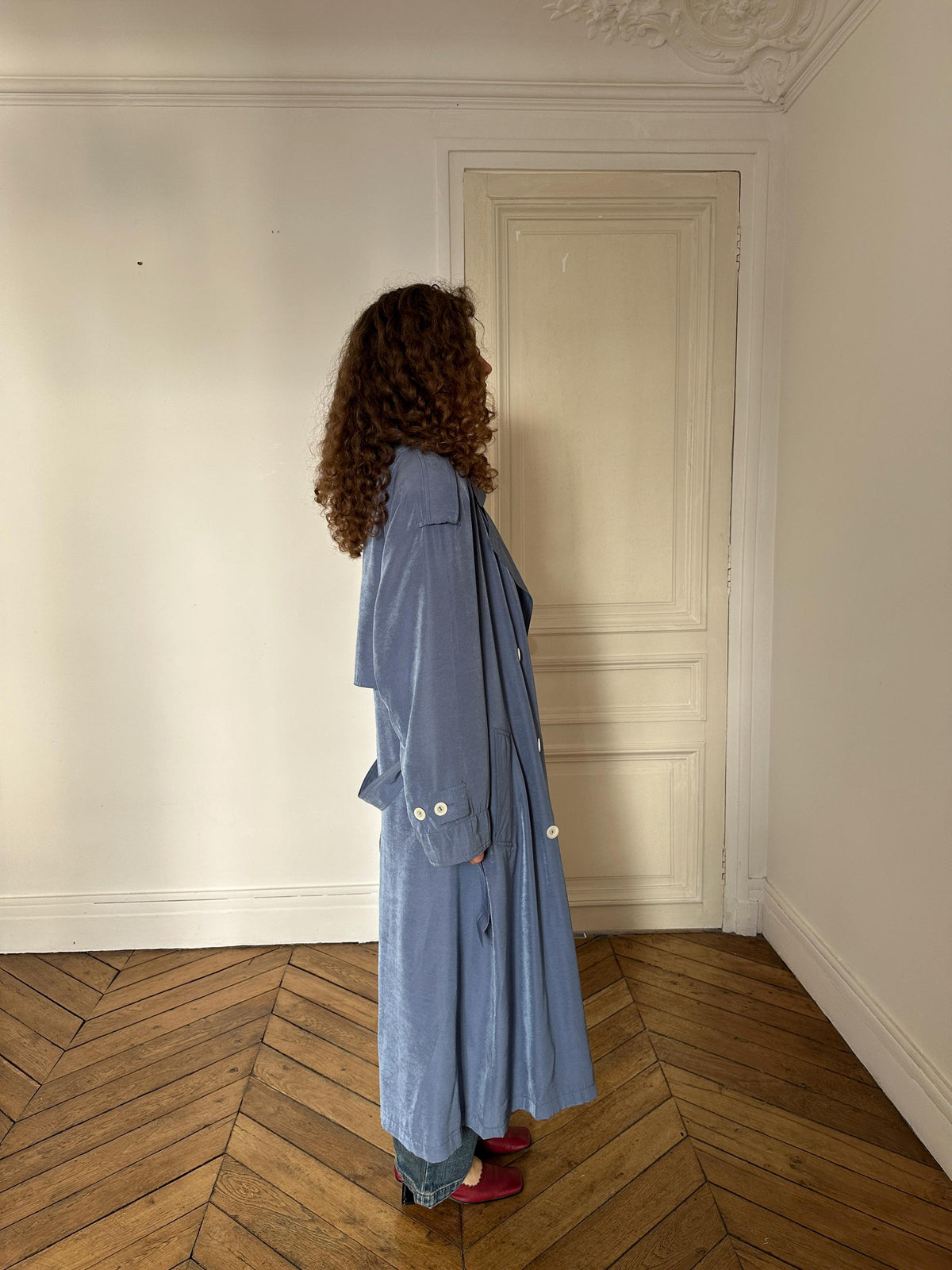 Vintage Cloudy Blue Long Trench Coat