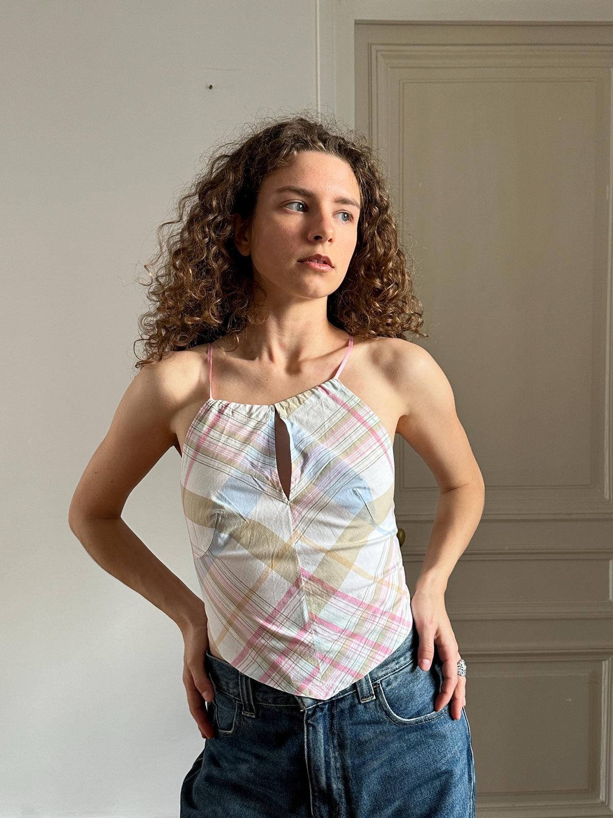 Vintage Sisley Check Cotton Crop Halter Top in Pink