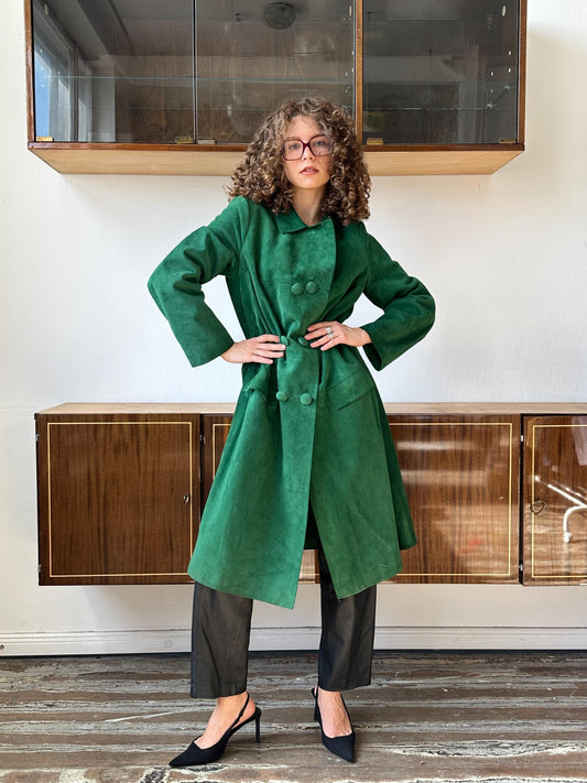 Vintage straight suede leather coat in bright green