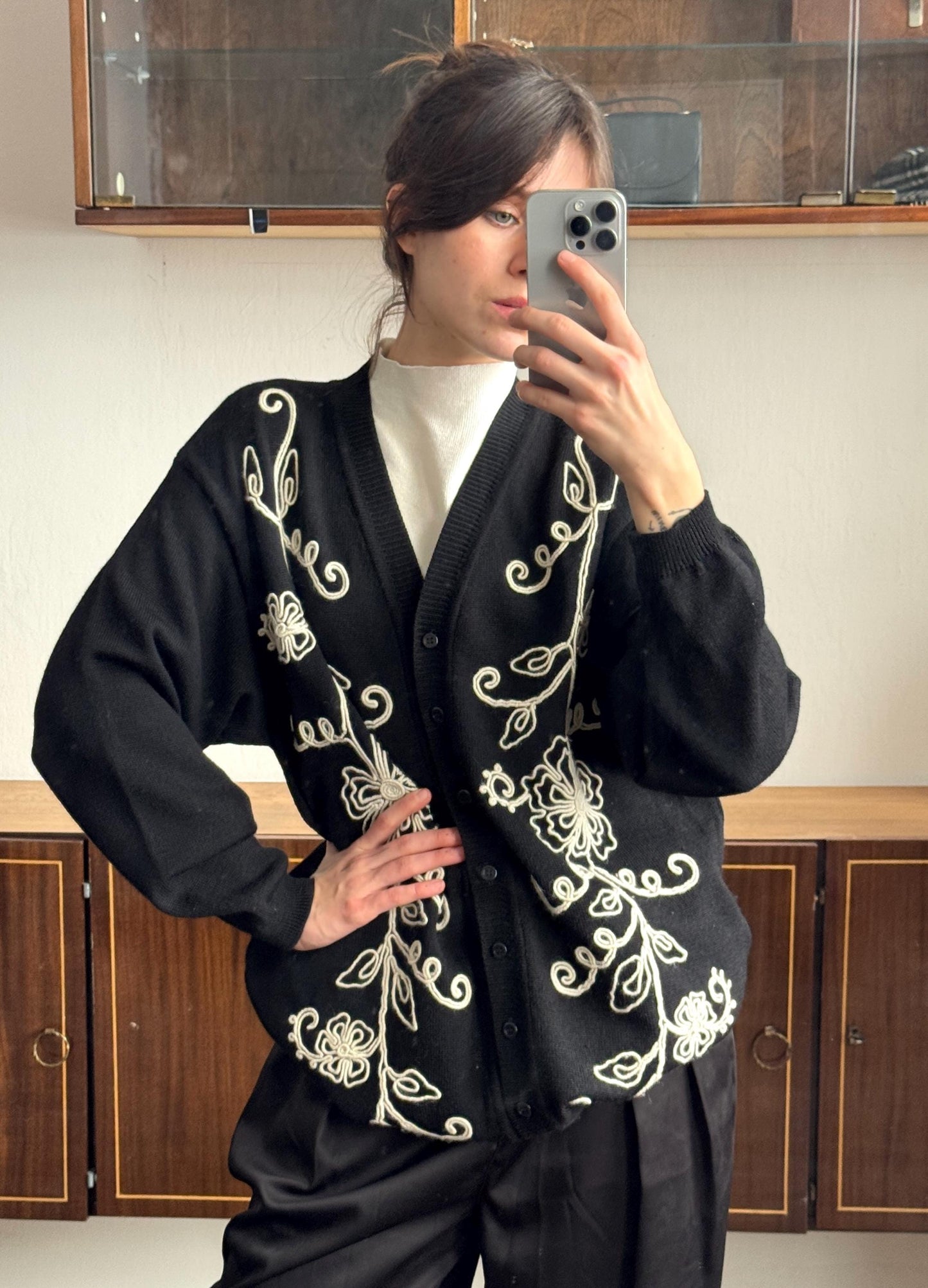 Vintage Oversized Wool Embroidered Cardigan In Black & White