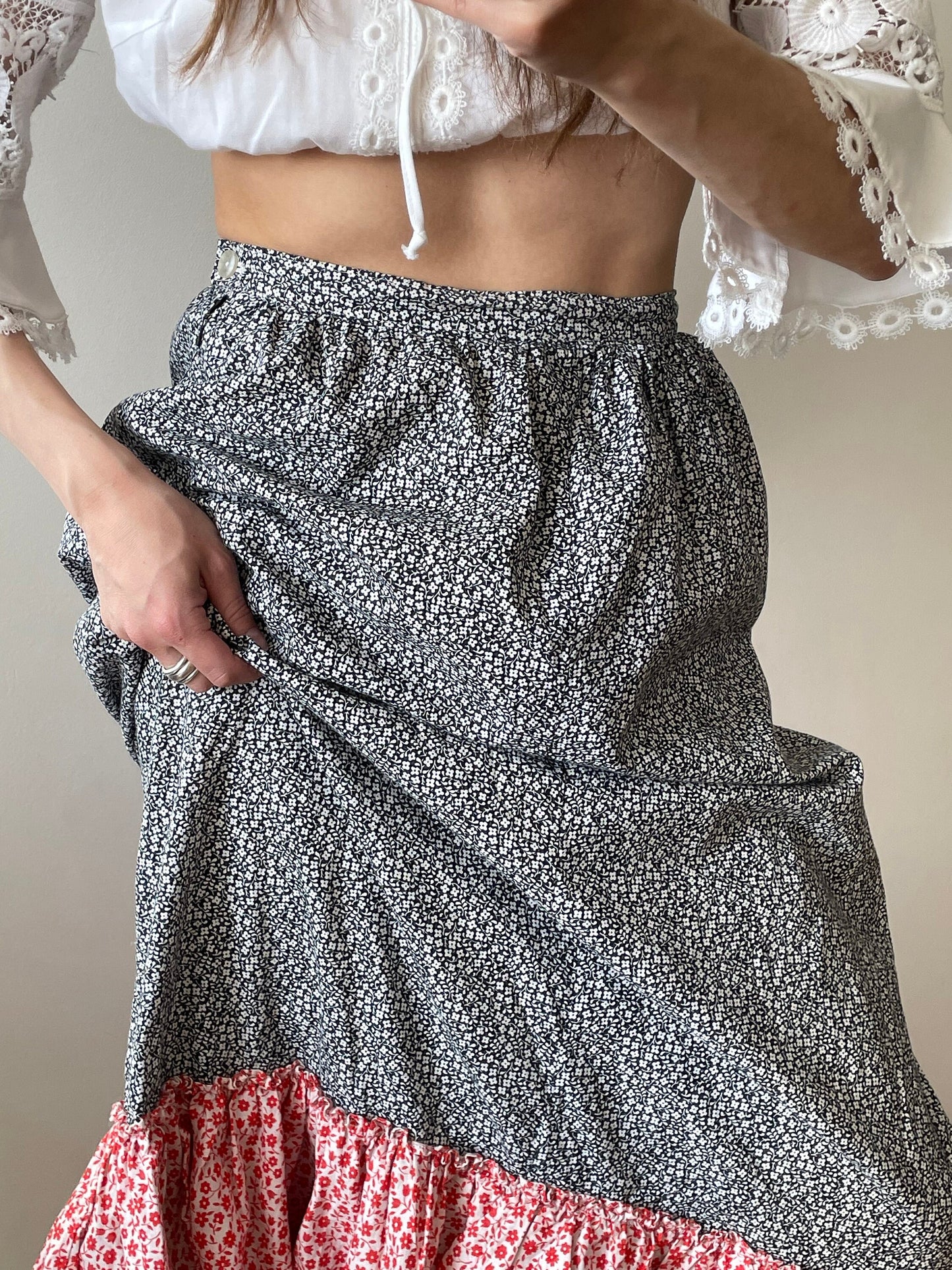 Vintage loose linen skirt, traditional maxi skirt with flowers