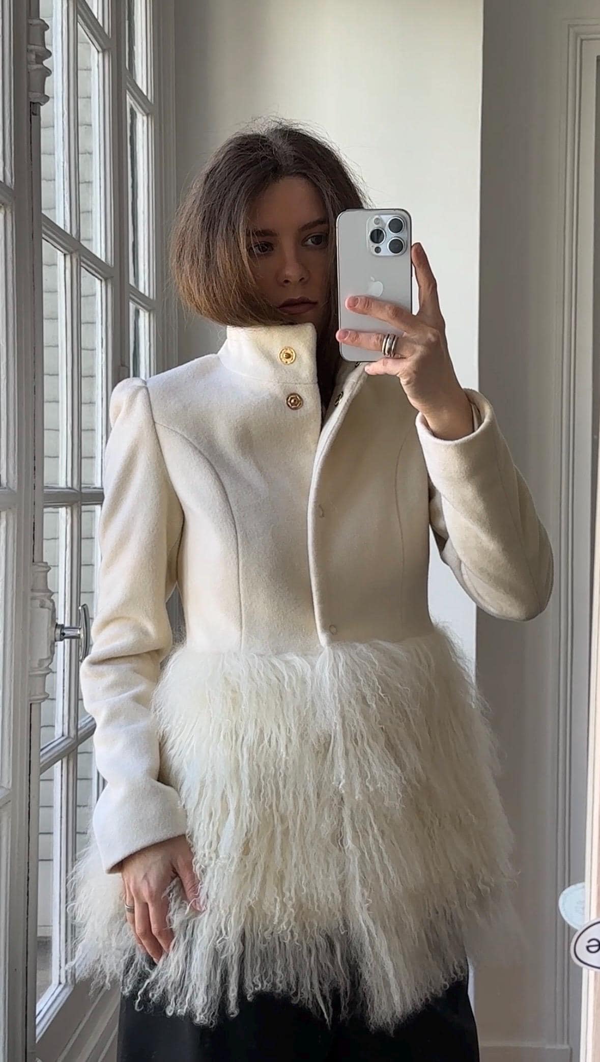 Vintage Y2K Ivory Wool Short Coat with Tibetan Lamb Fur Hem