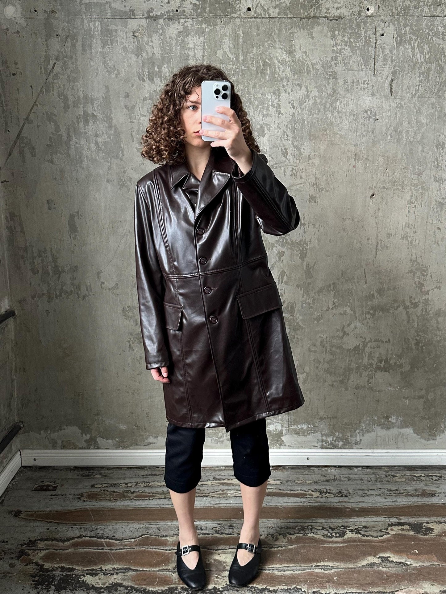 Vintage faux leather coat in dark brown