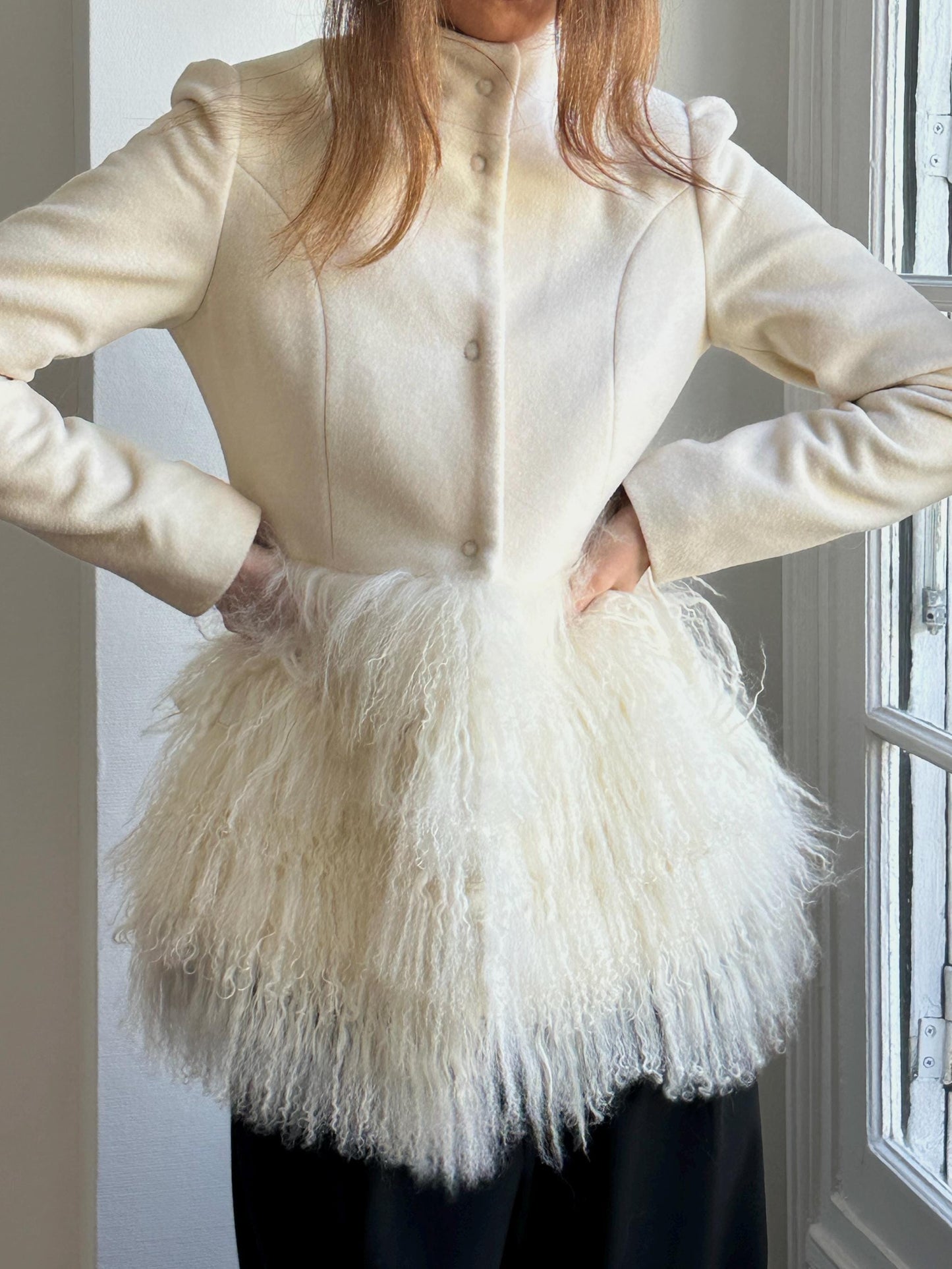 Vintage Y2K Ivory Wool Short Coat with Tibetan Lamb Fur Hem
