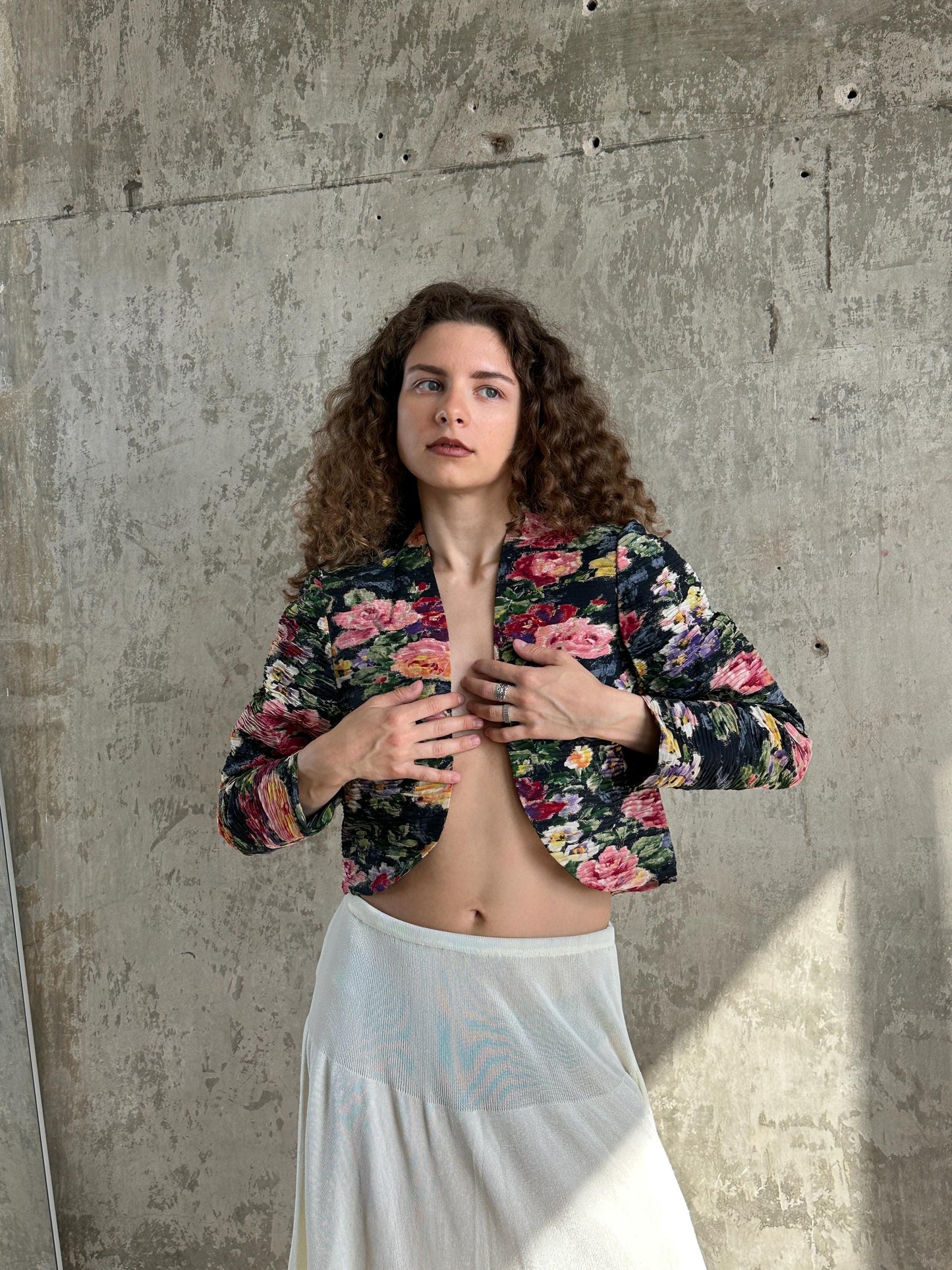 Vintage Max Mara Floral Pleated Bolero Jacket in Green and Pink