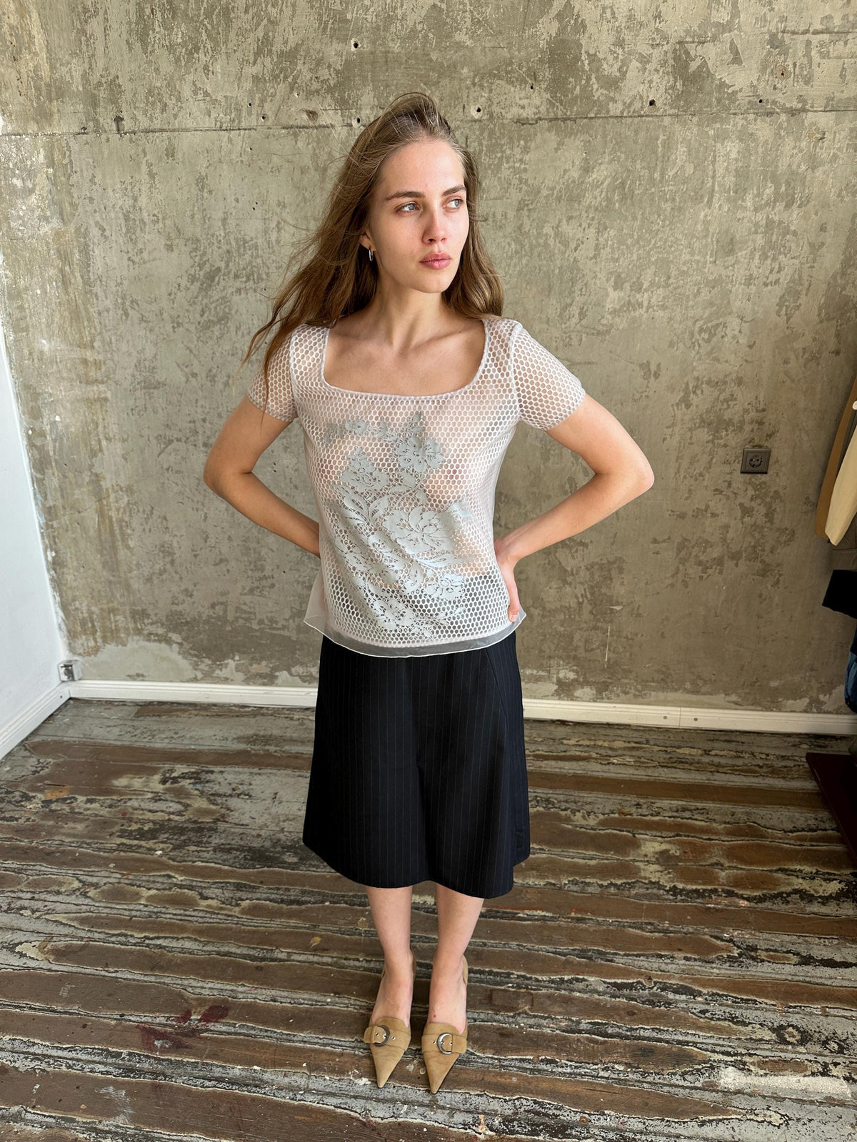 Vintage Cavalli Jeans Grey Mesh Top | Sheer Fishnet T-Shirt
