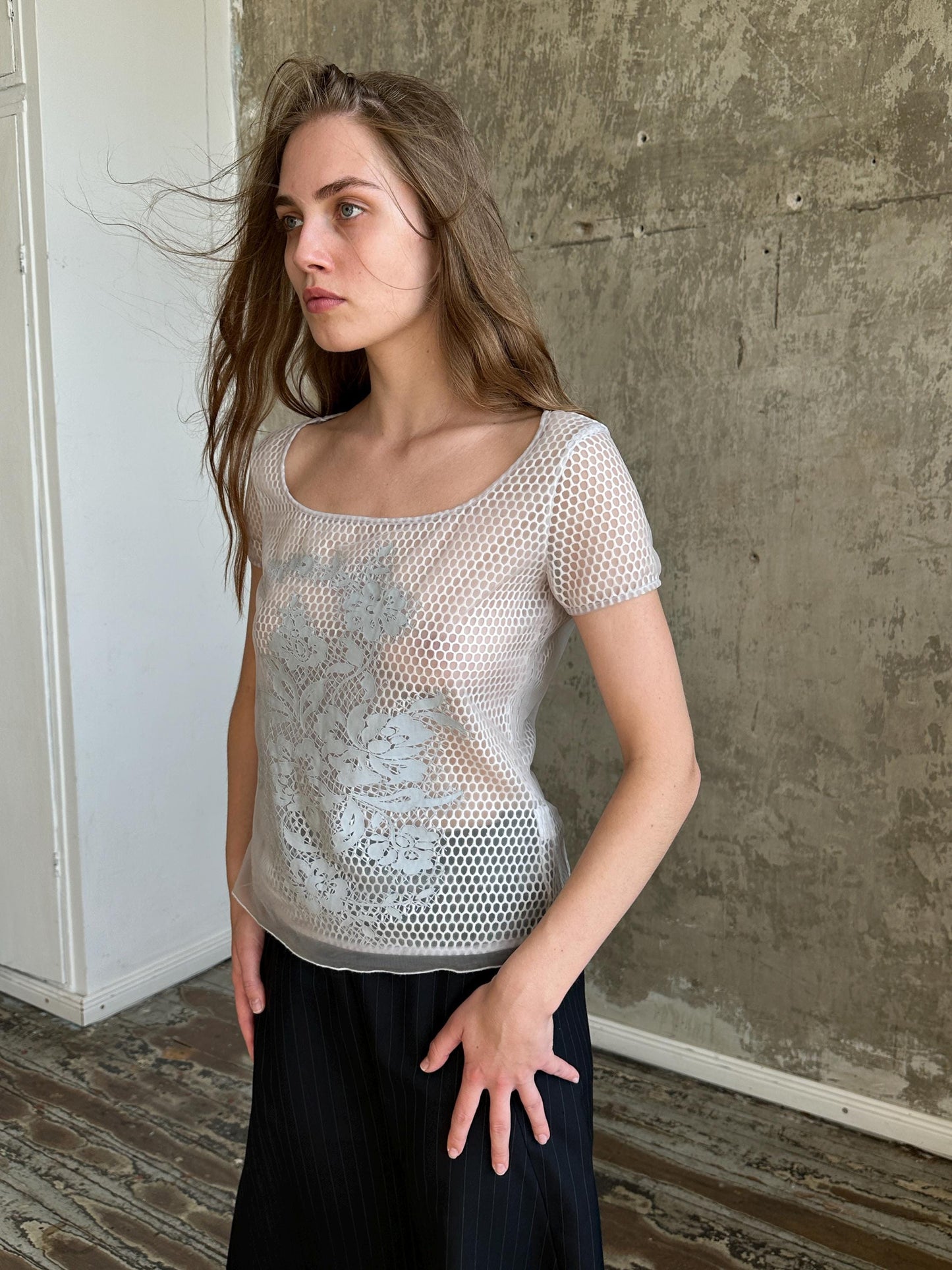Vintage Cavalli Jeans Grey Mesh Top | Sheer Fishnet T-Shirt