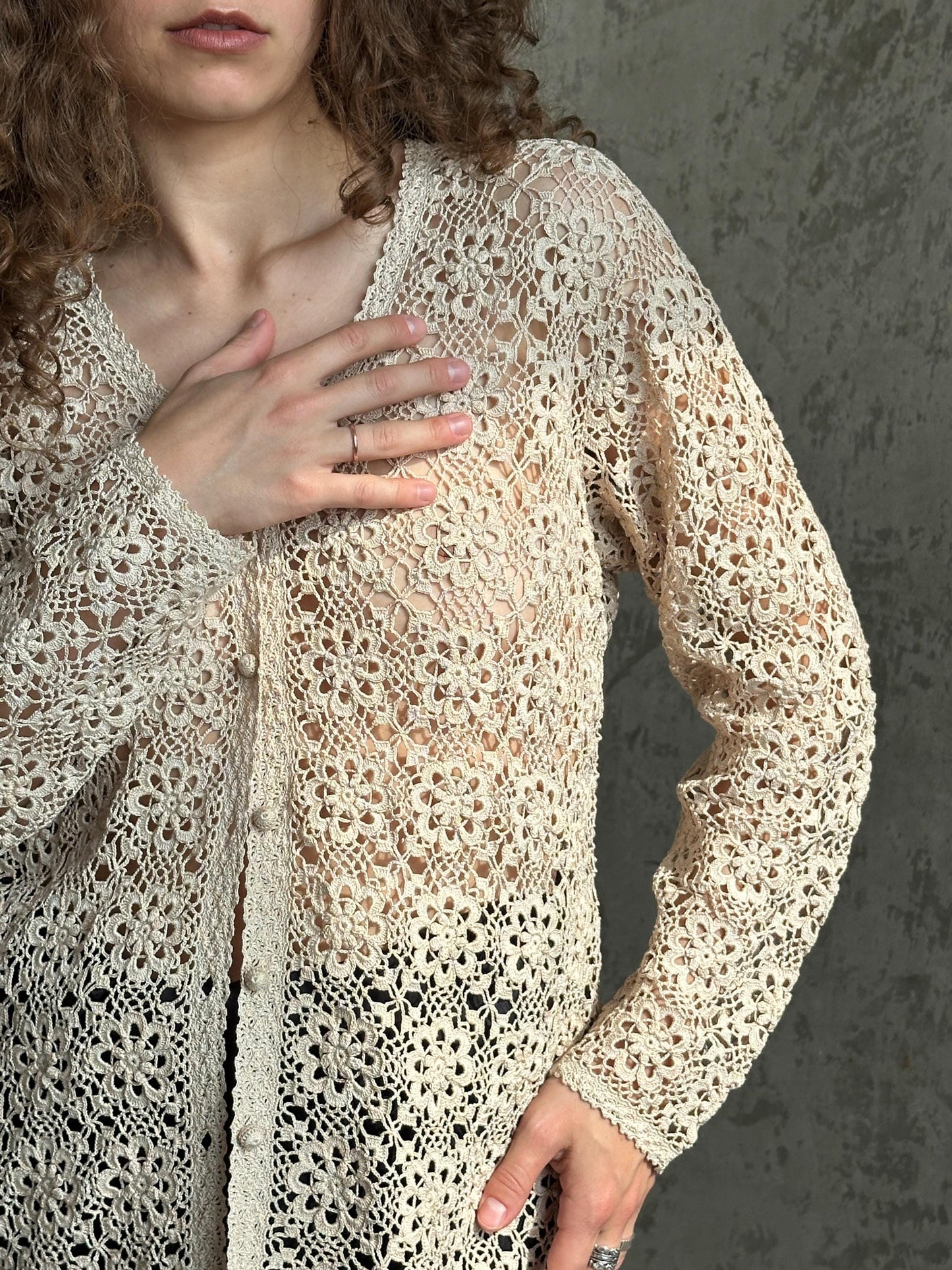 Vintage 90s Crochet Cardigan In Beige