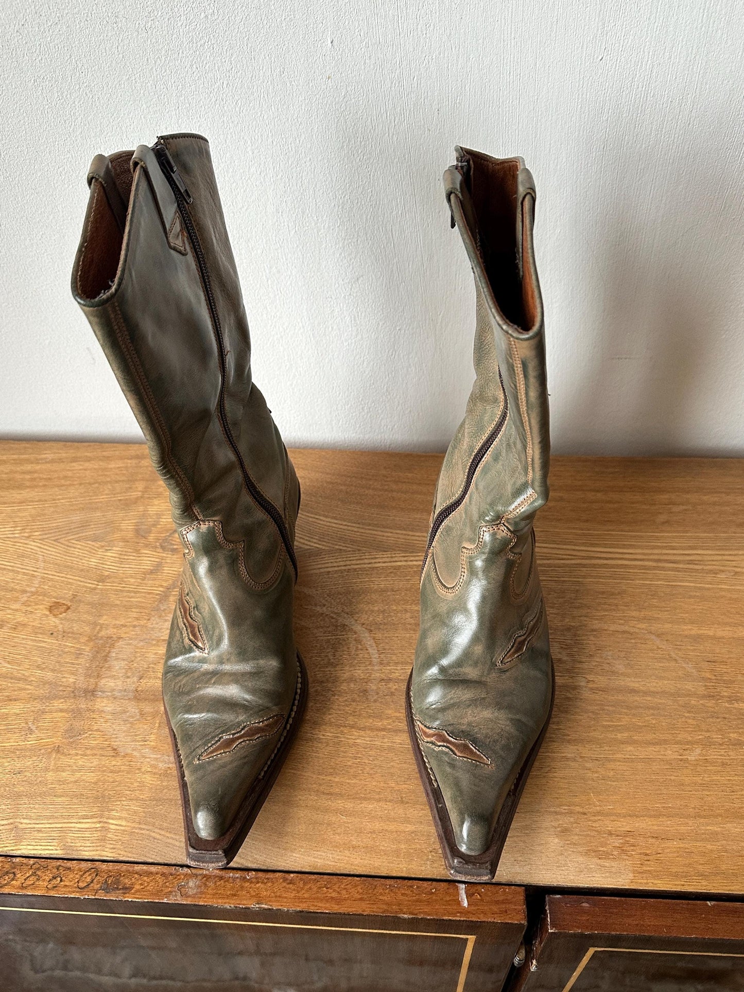 Vintage Italian Green Cowboy Boots | Leather Western Boots | US 6