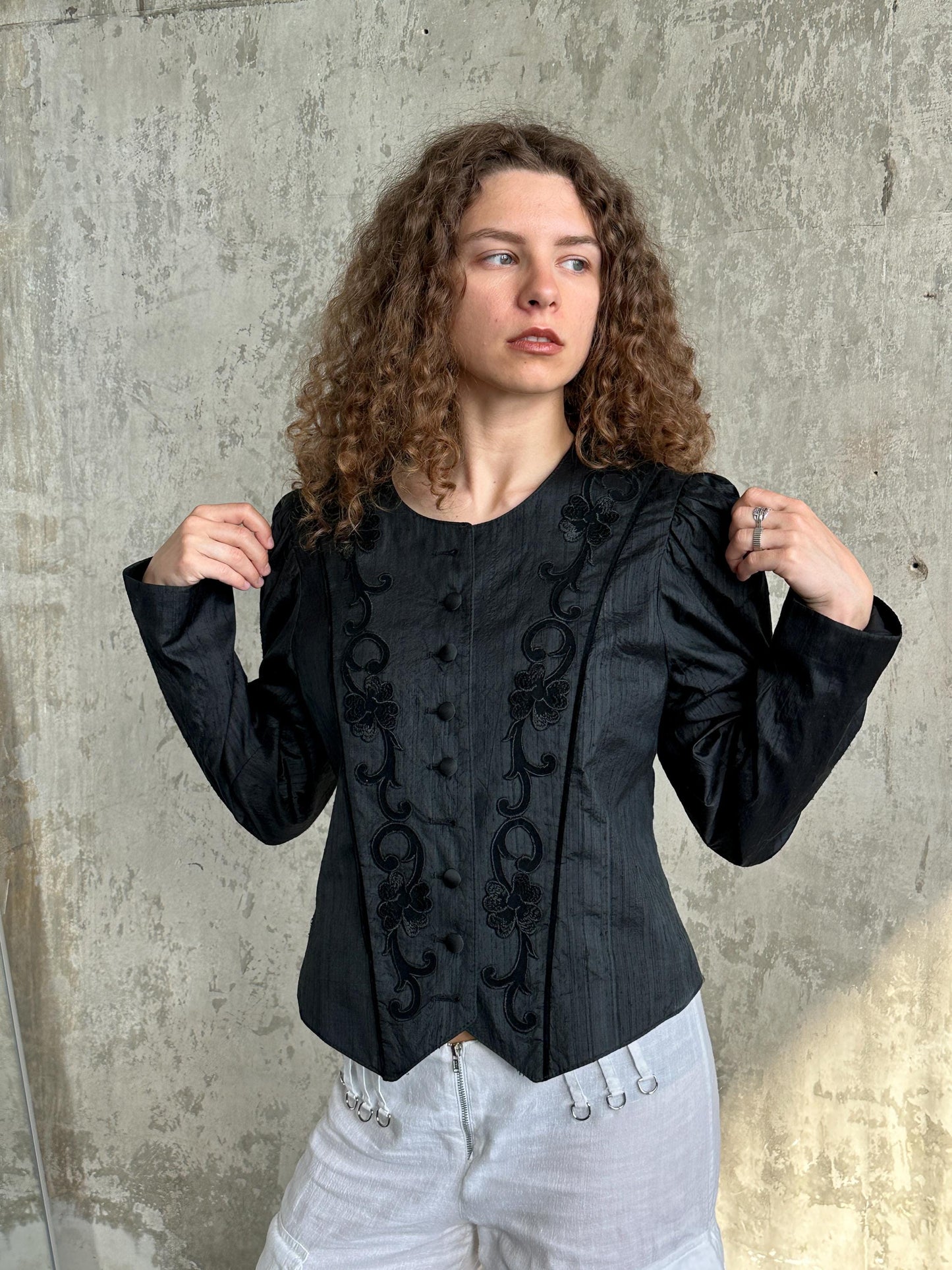 Vintage Victorian-Inspired Embroidered Blouse in Black