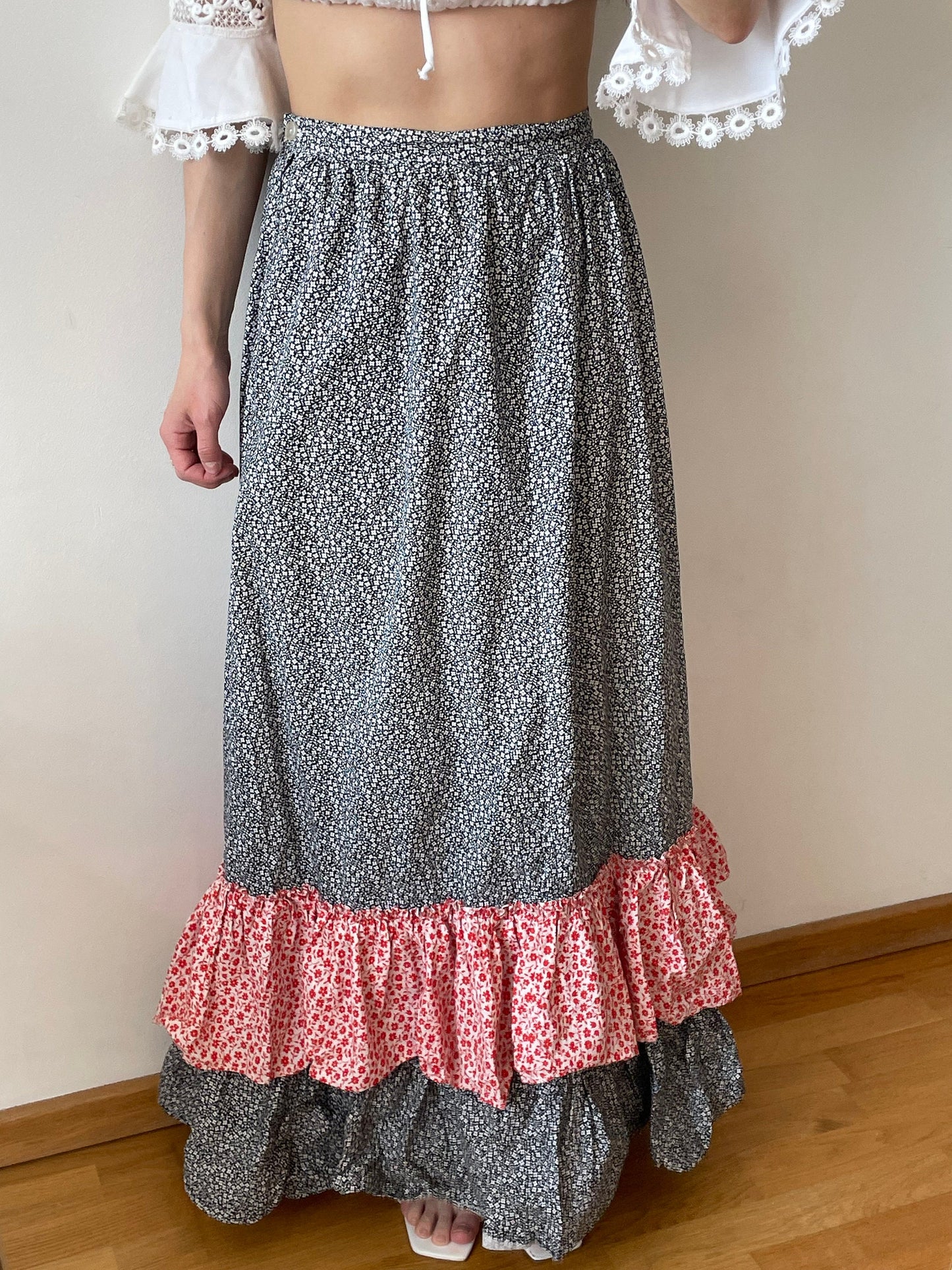 Vintage loose linen skirt, traditional maxi skirt with flowers