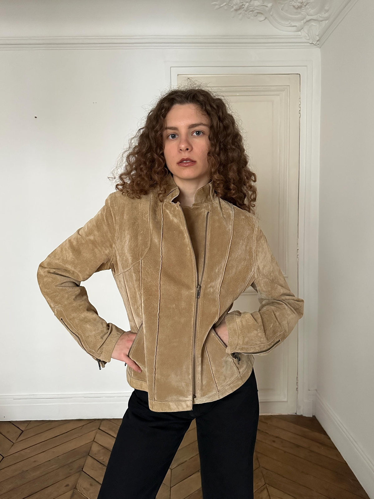 Vintage 90s Beige Suede Leather Motorcycle Jacket