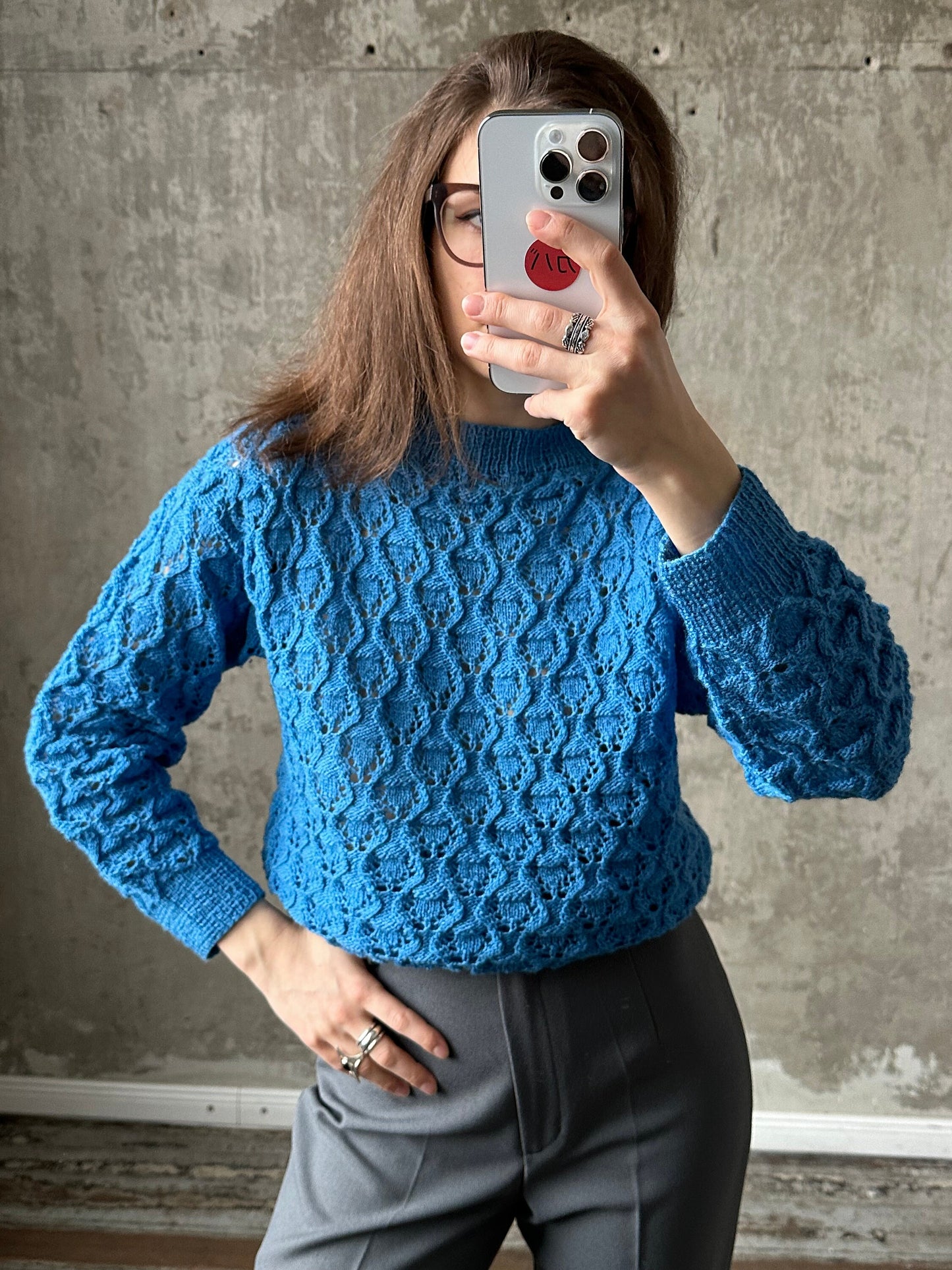 Vintage Summer Crochet Jumper - Bright Blue Knitted Sweater, 100% Organic Cotton, Gender Neutral, Fits XS-M, Perfect for Festivals &Holidays