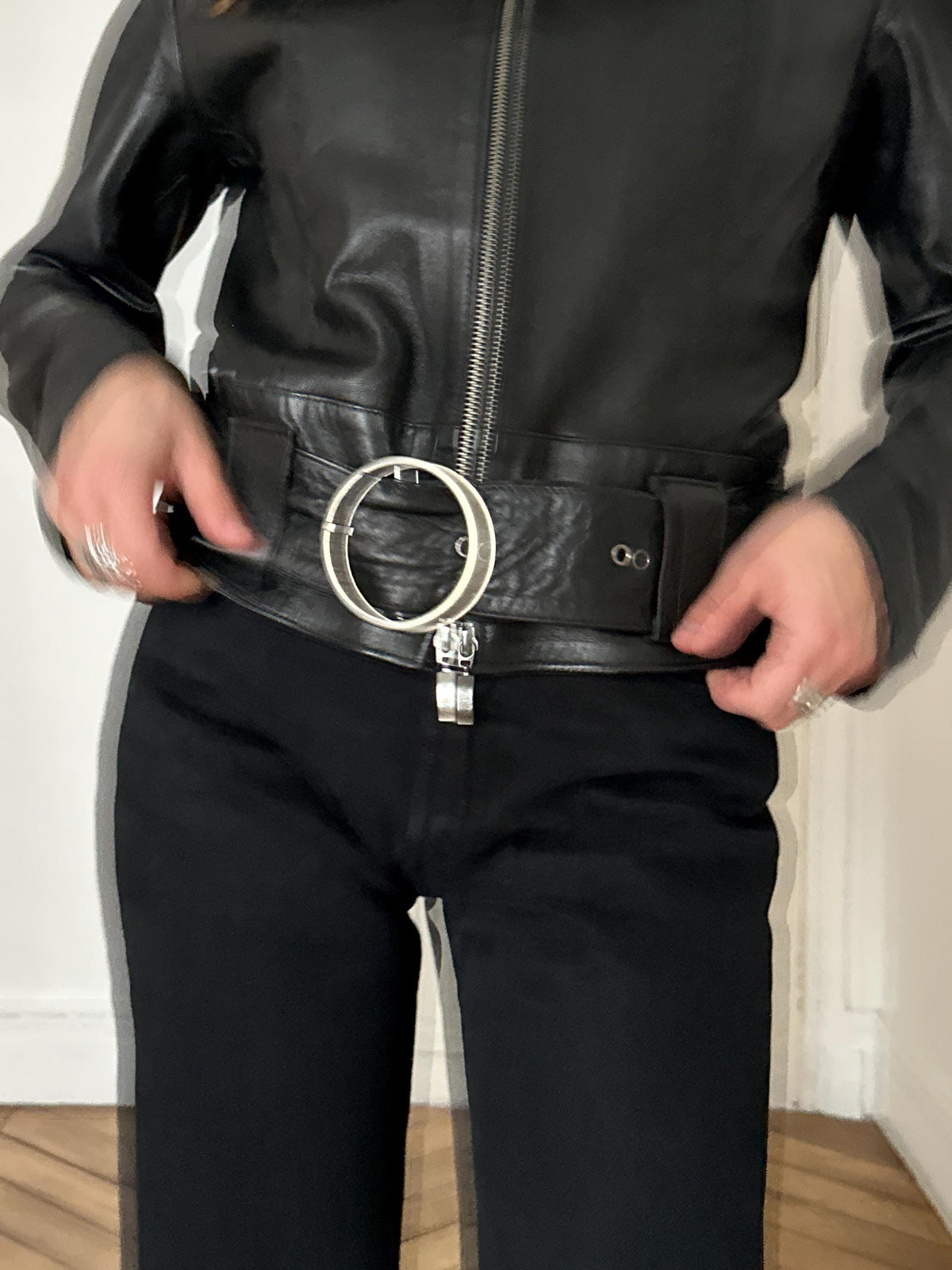 Vintage Genuine Leather Belted Jacket in Black with Ring Buckle