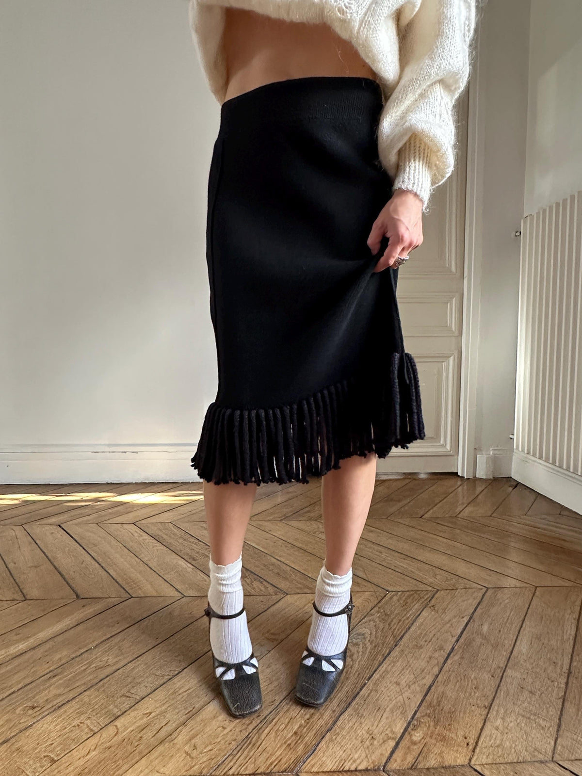 Vintage Sonia Rykiel Knit Skirt Black with Fringe