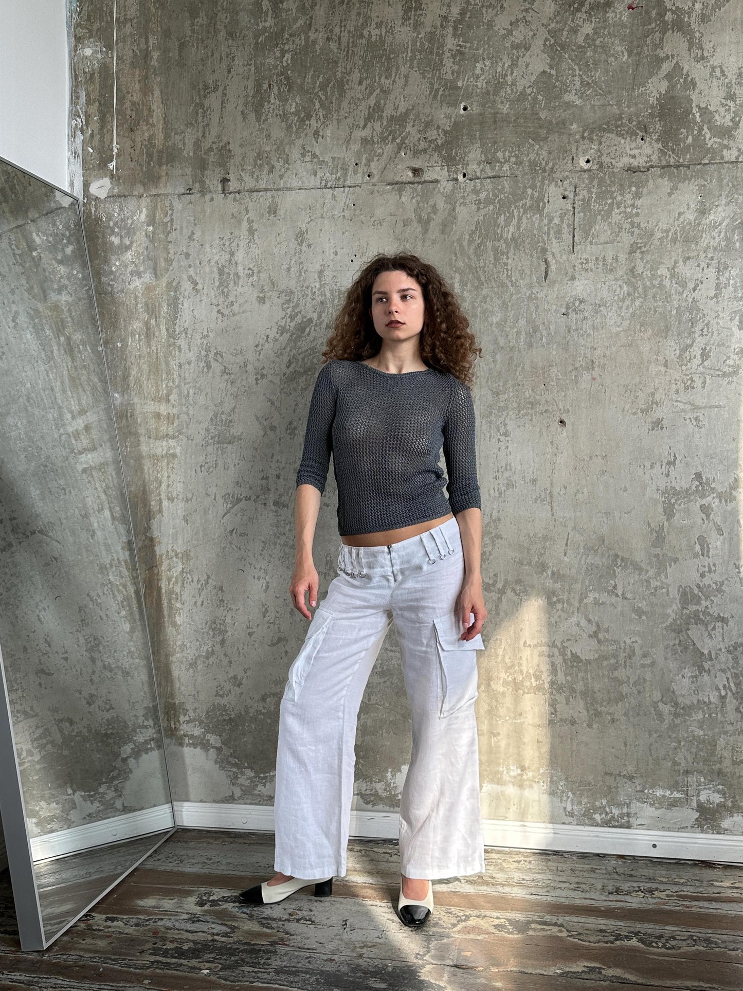 Vintage Max&Co Tricot Grey Open Mesh Knit Top | Sheer Crochet Net Top