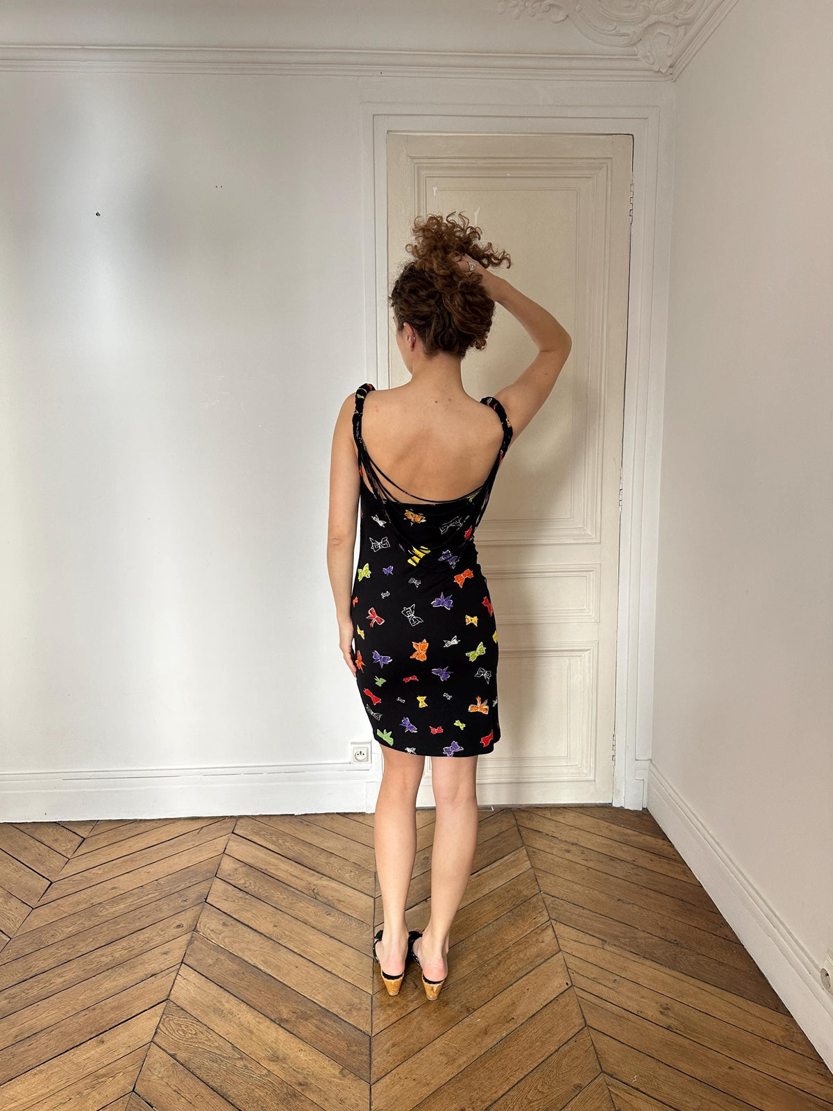 Vintage Iceberg Bow Print Mini Dress in Black