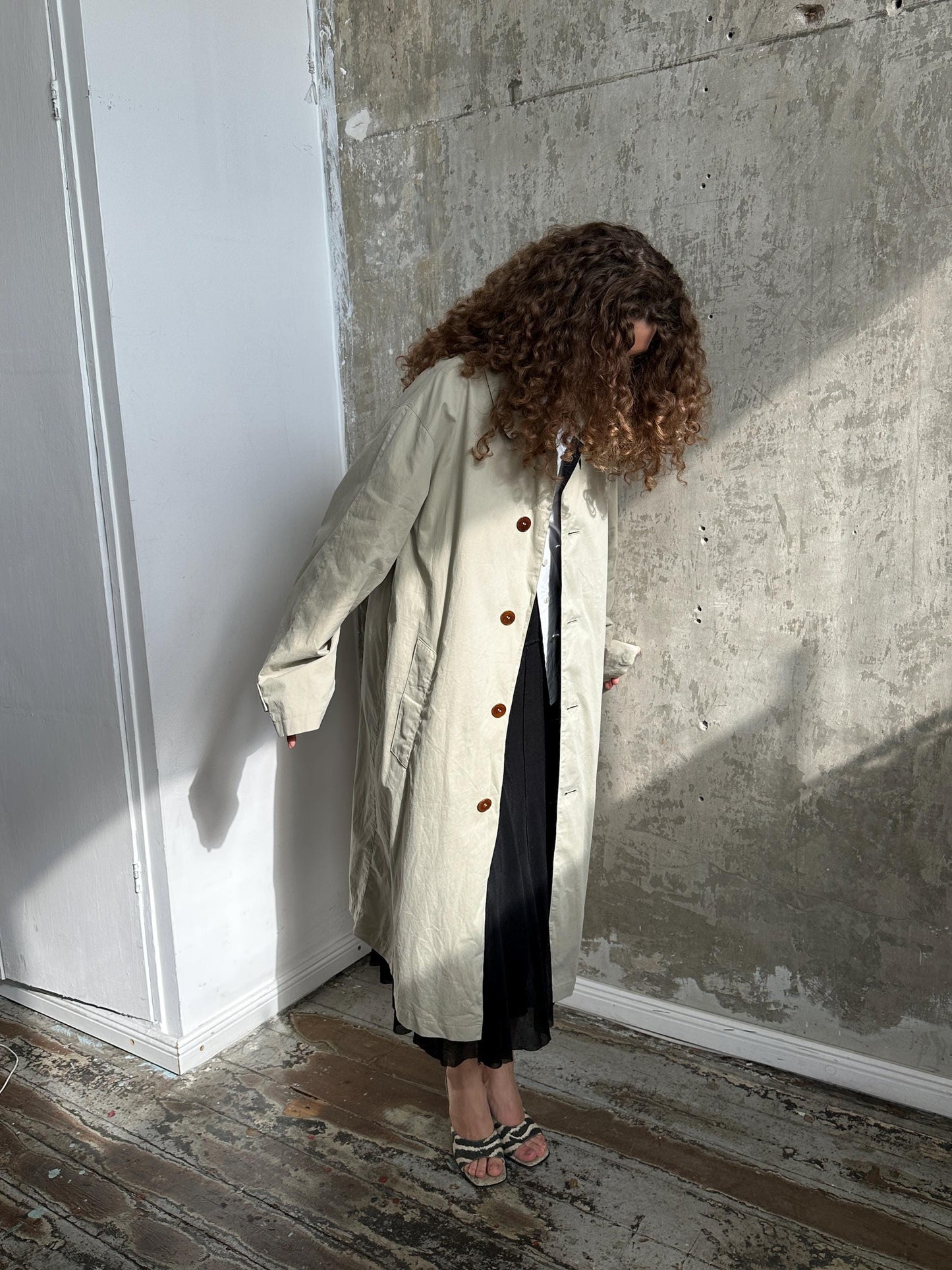 Vintage 90s Long Beige Trench Coat | Classic Minimalist Trench