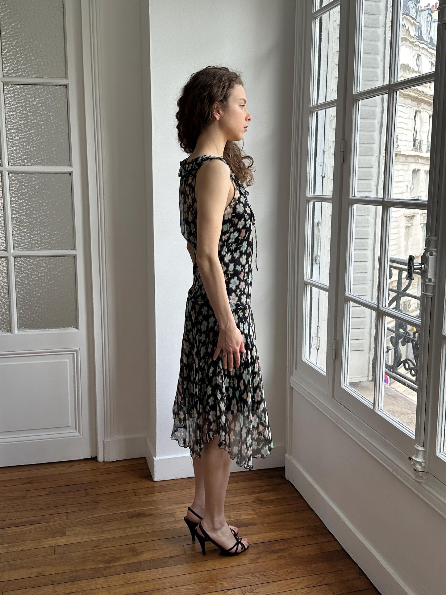 Moschino Cheap and Chic Black Floral Chiffon Midi Dress