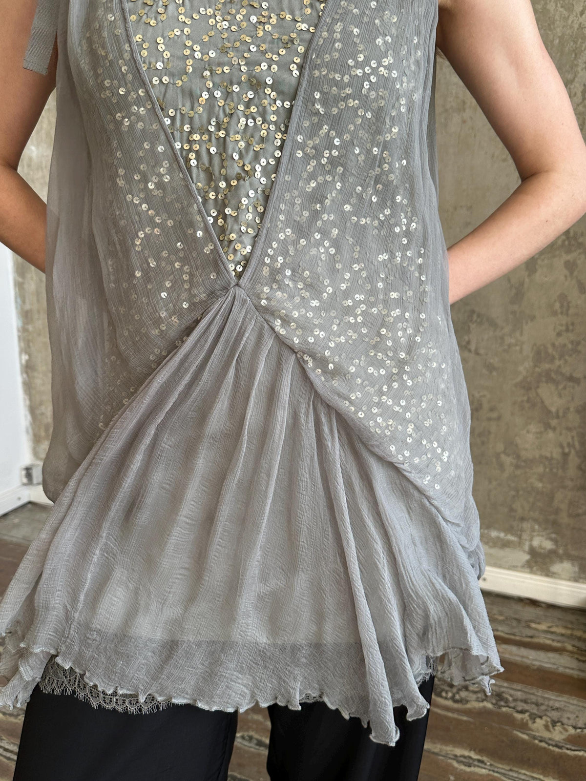 Vintage Liu Jo Grey Sequin Lace Dress | Layered Ruffle Dress