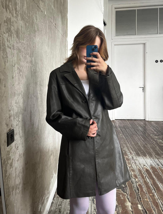 Vintage 90s leather coat in dark khaki green
