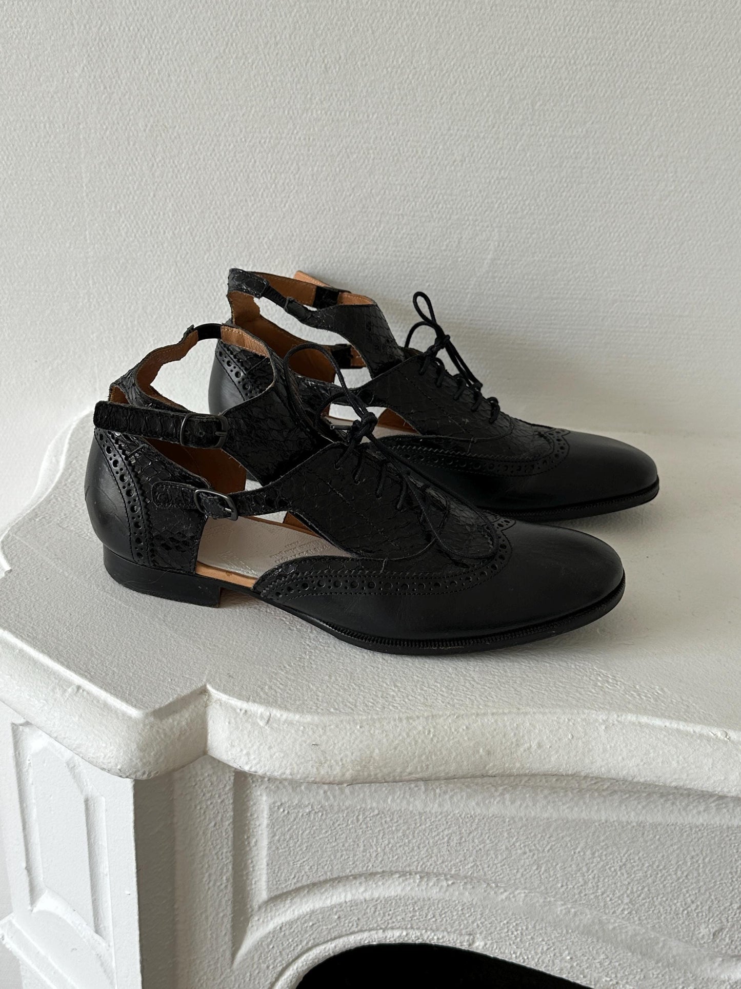 Maison Margiela Line 22 Black Leather Cut-Out Brogue Oxford Sandal in Black I US 6.5