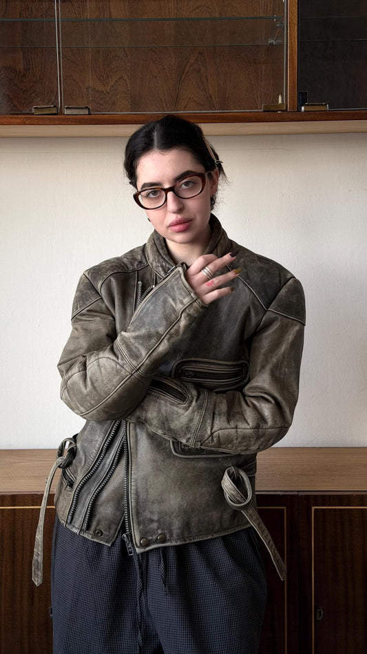 Vintage faded motorcycle leather jacket in brown