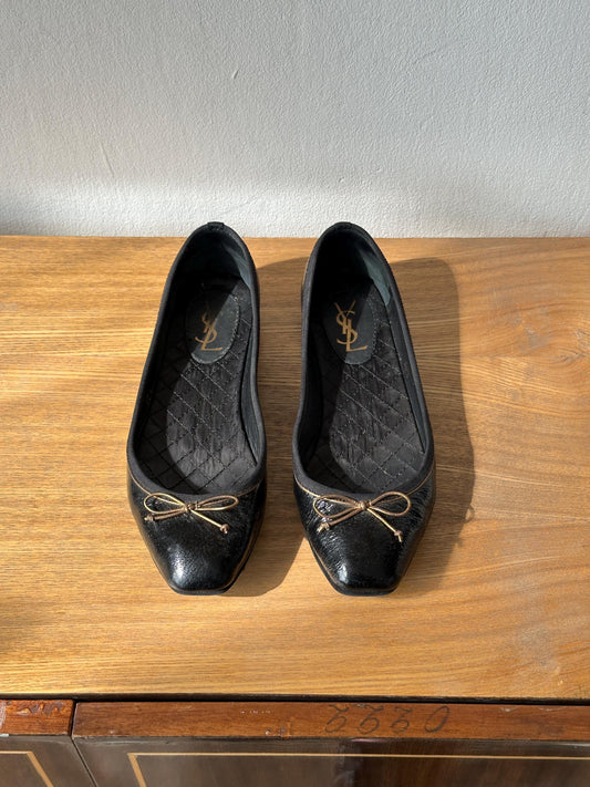 Vintage YSL Dark Brown Patent Ballet Flats | Yves Saint Laurent Bow Flats I US 6.5
