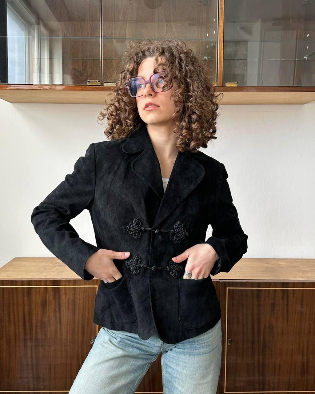 Vintage suede leather blazer in black
