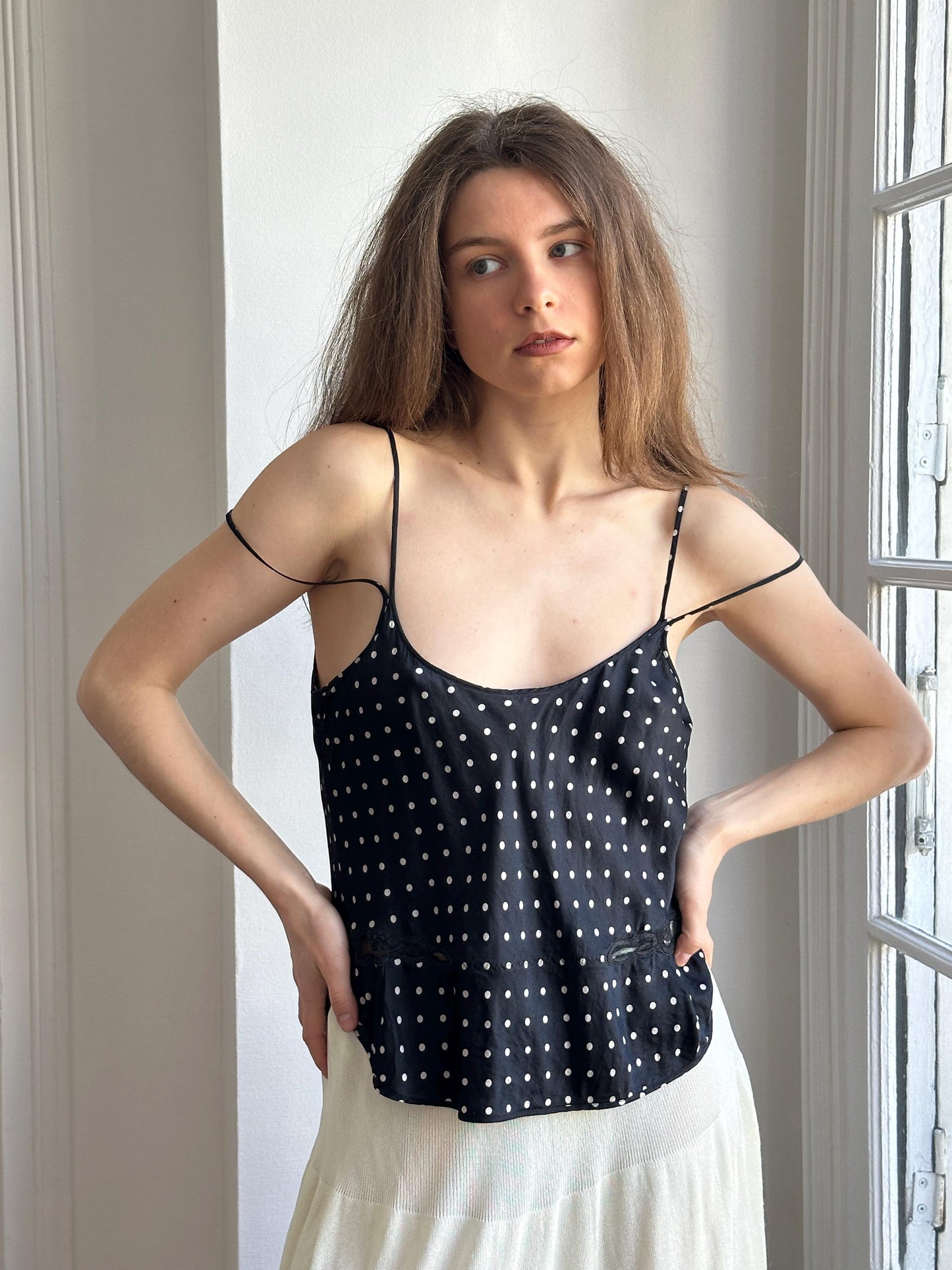 Vintage Pure Silk Polka Dot Nightie Top in Black