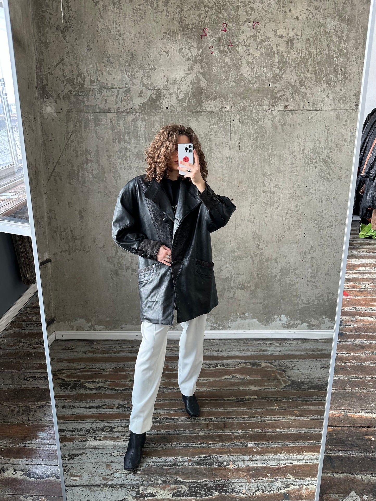 Vintage 90s Black Leather Overcoat with Big Collar, Gender Neutral, Perfect Condition