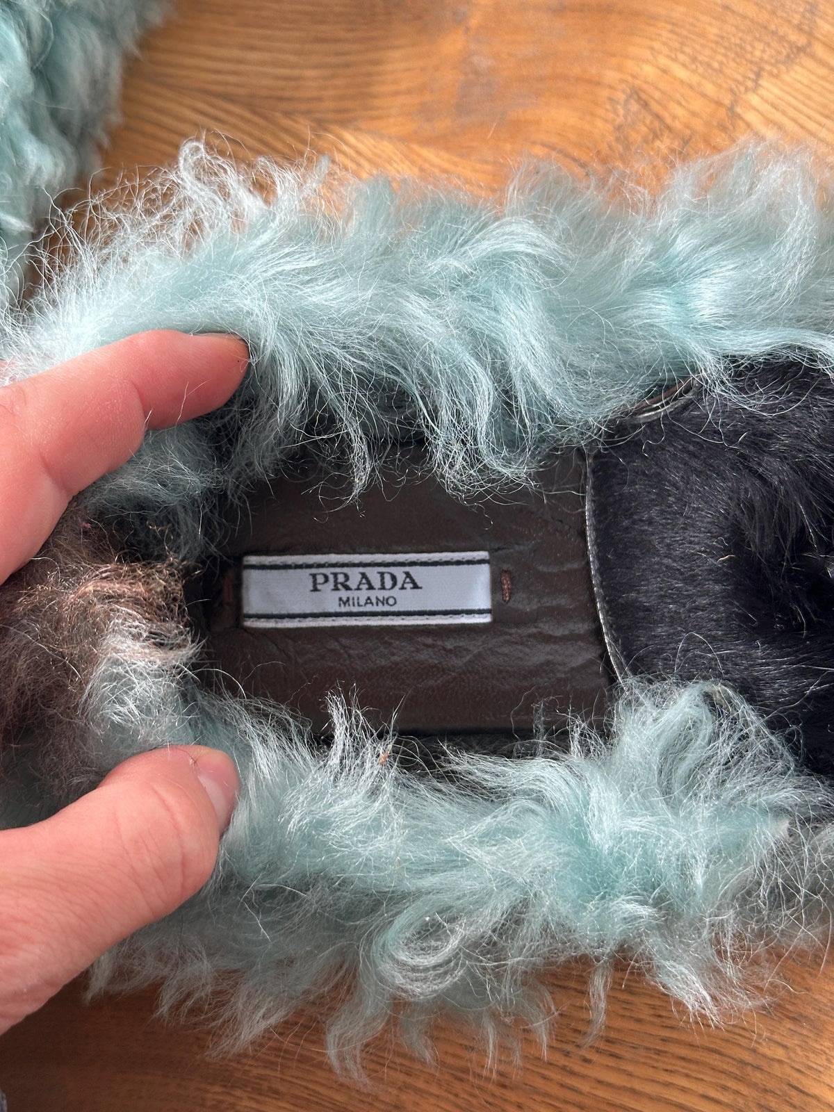 Vintage Prada Milano Shearling Fur Slipper | Mint Green & Black Furry Slides | US 6