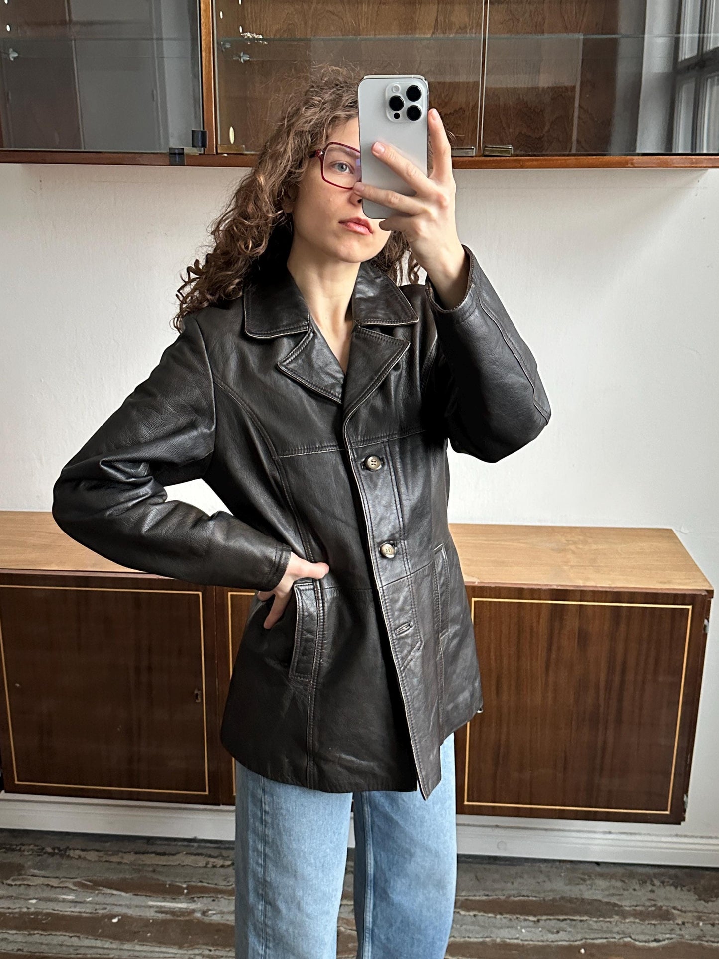 Vintage 90s Minimalist Leather Jacket In Dark Brown