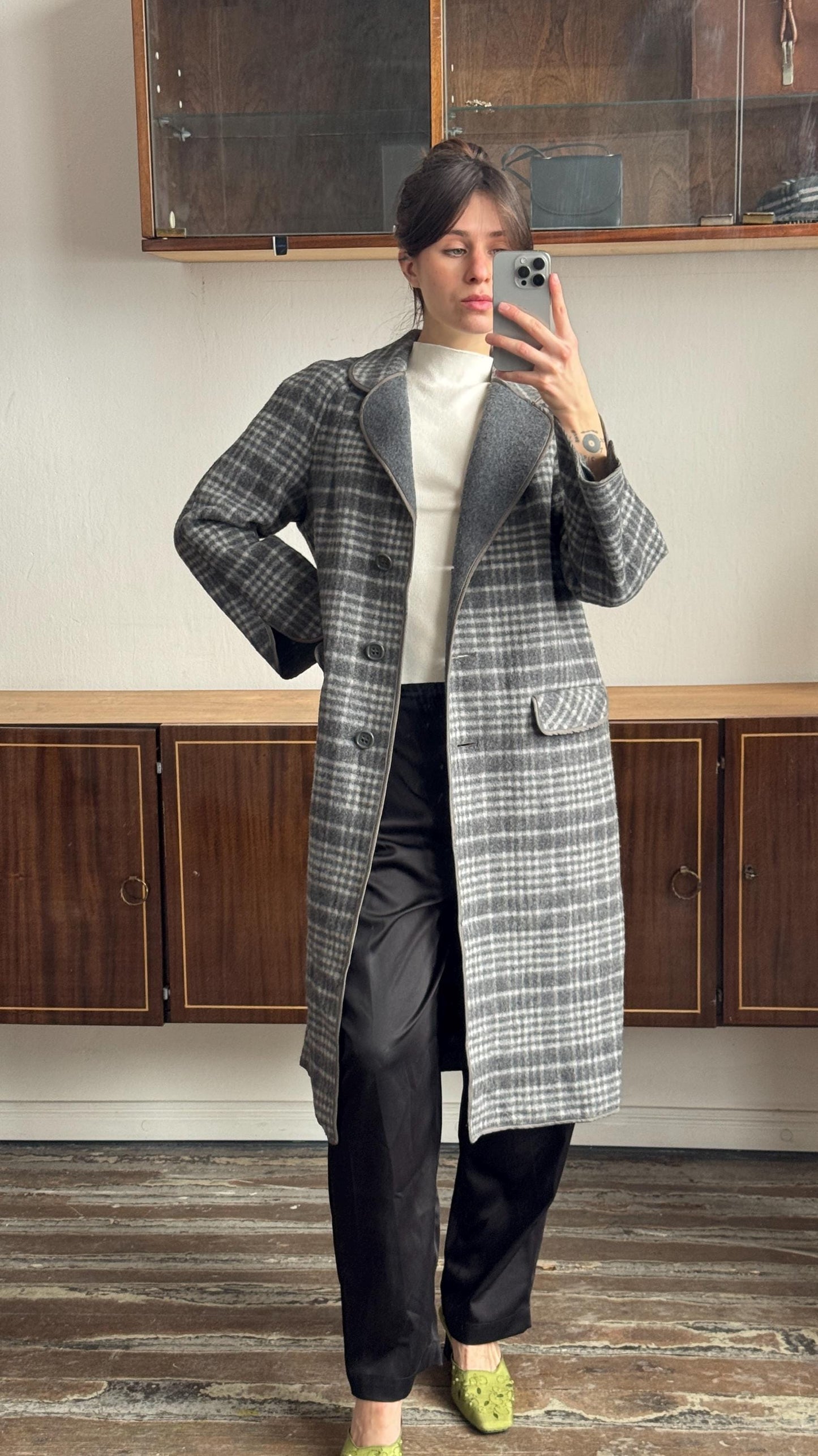 Vintage Fitted Checked Wool Coat In Grey
