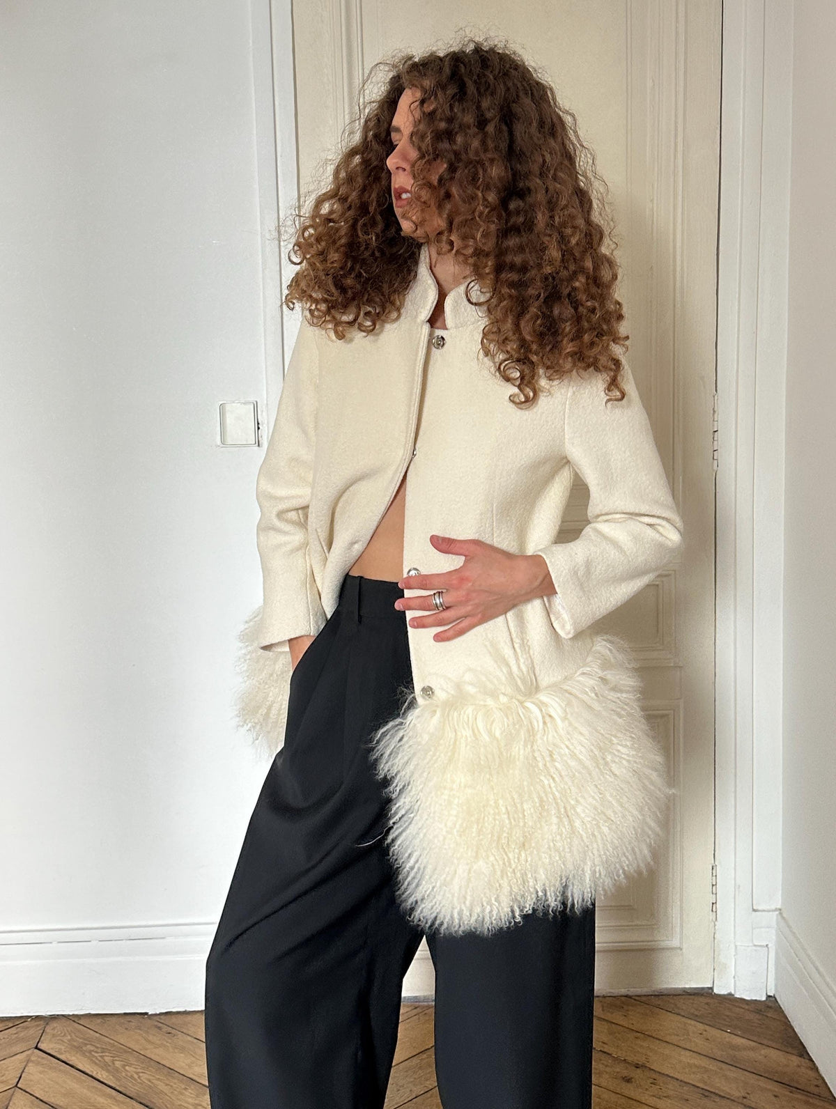 Vintage Boucle Mongolian Fur Hem Coat in Cream