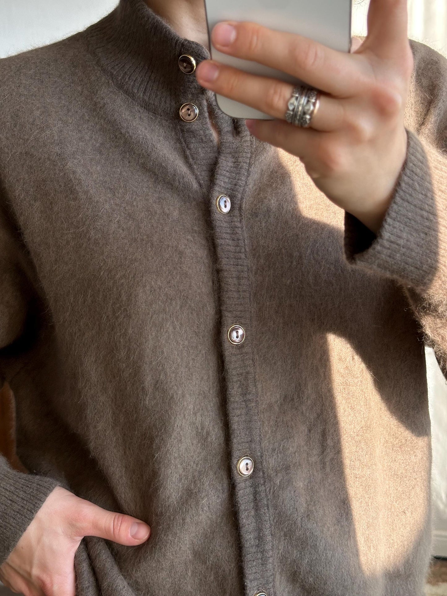 Vintage angora cardigan in brown, 80s fuzzy oversized sweater