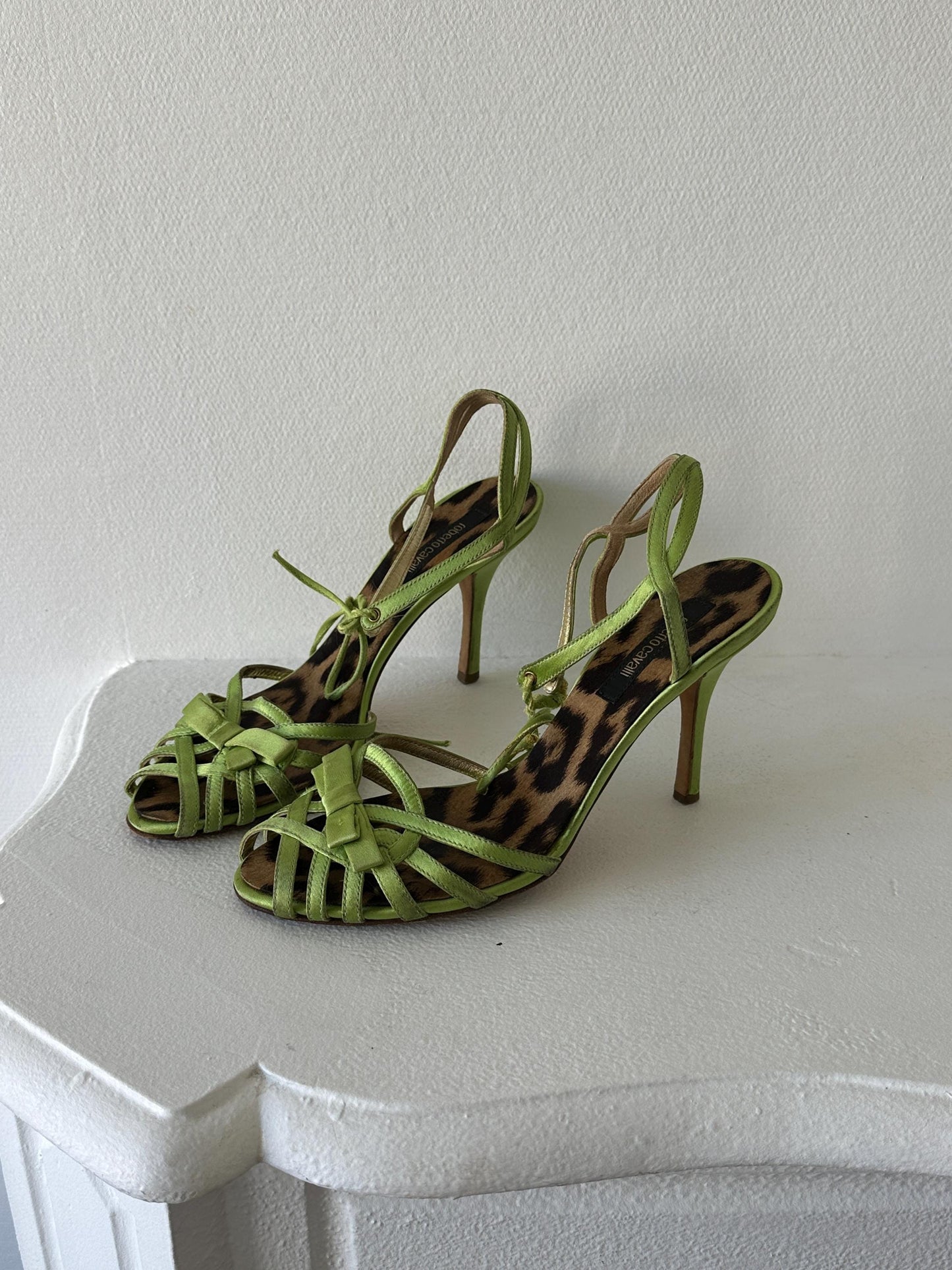 Roberto Cavalli Lime Green Metallic Satin Strappy Heels I EU 38
