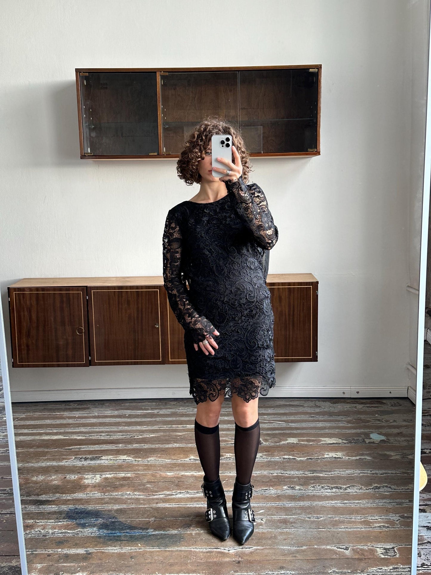 Vintage 90s long sleeve mini dress in black, lace slip dress